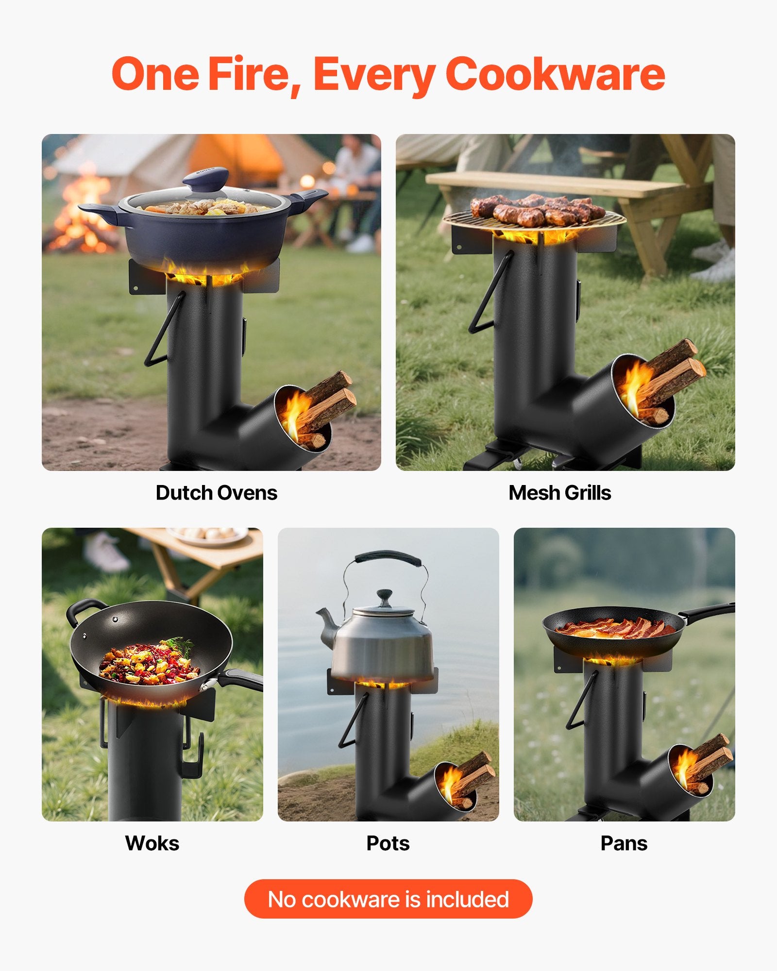 Portable Carbon Steel Rocket Stove for Outdoor Cooking - Wood Burning, Backpacking, Camp Heating, Durable with Carrying Bag
