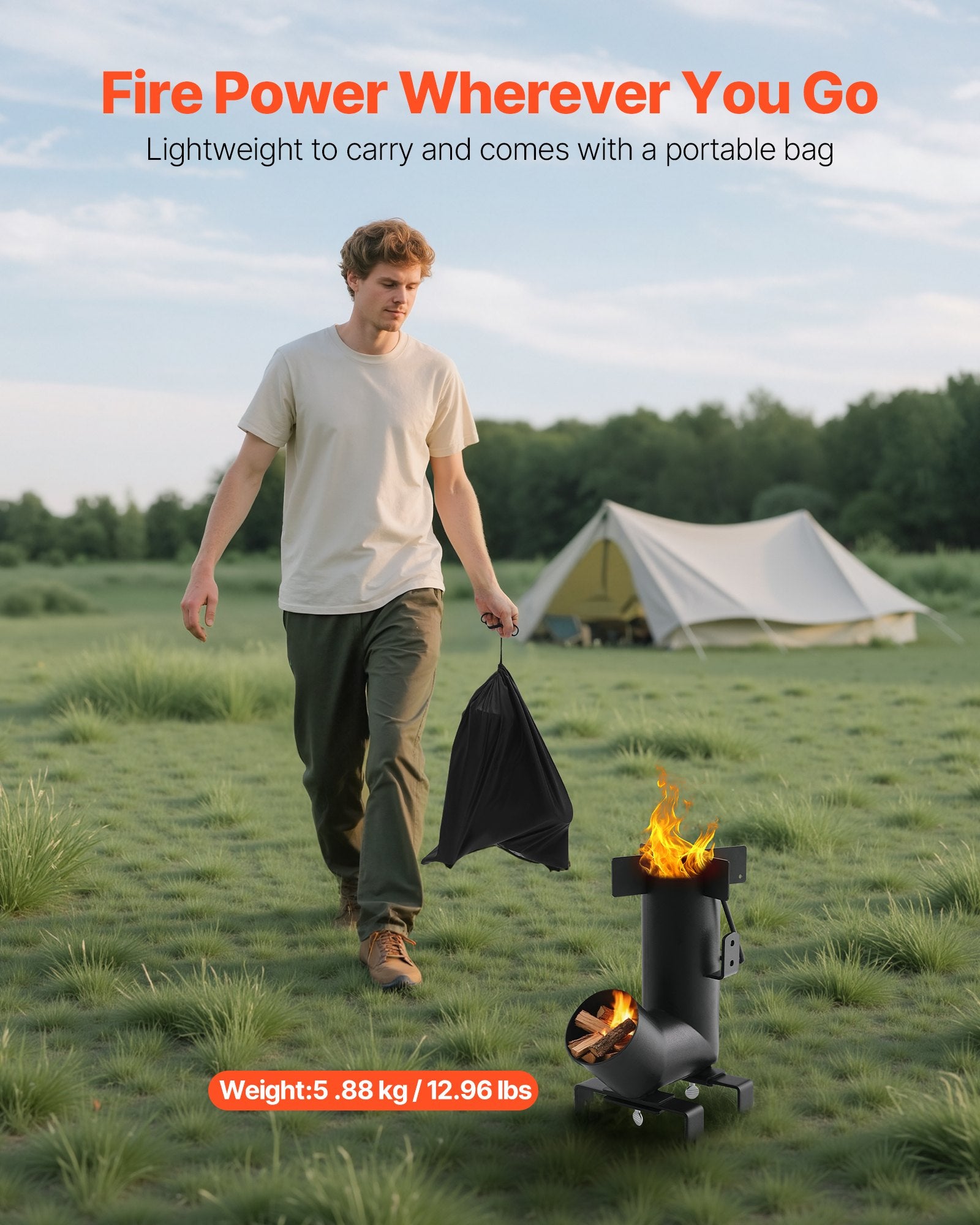 Portable Carbon Steel Rocket Stove for Outdoor Cooking - Wood Burning, Backpacking, Camp Heating, Durable with Carrying Bag