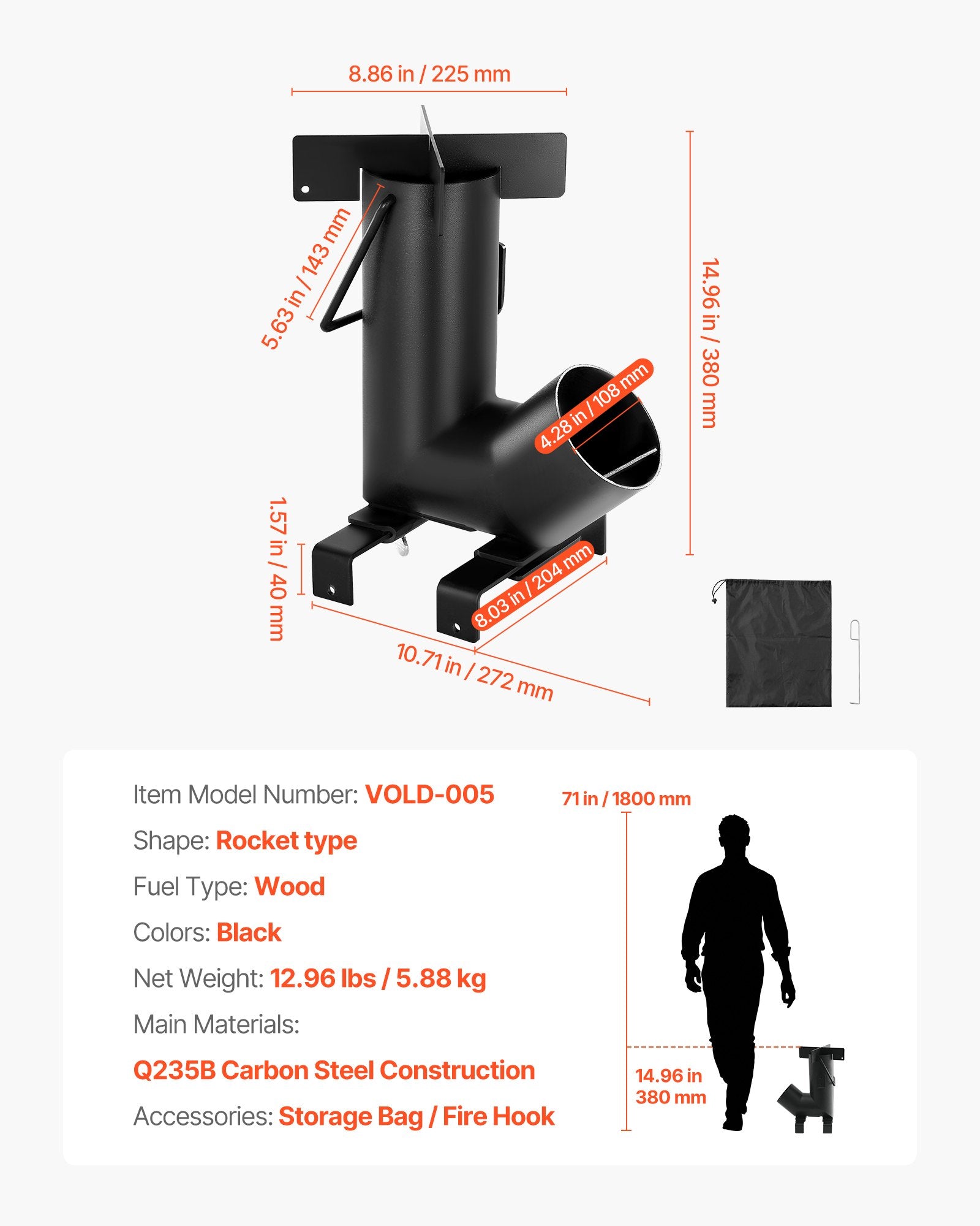 Portable Carbon Steel Rocket Stove for Outdoor Cooking - Wood Burning, Backpacking, Camp Heating, Durable with Carrying Bag