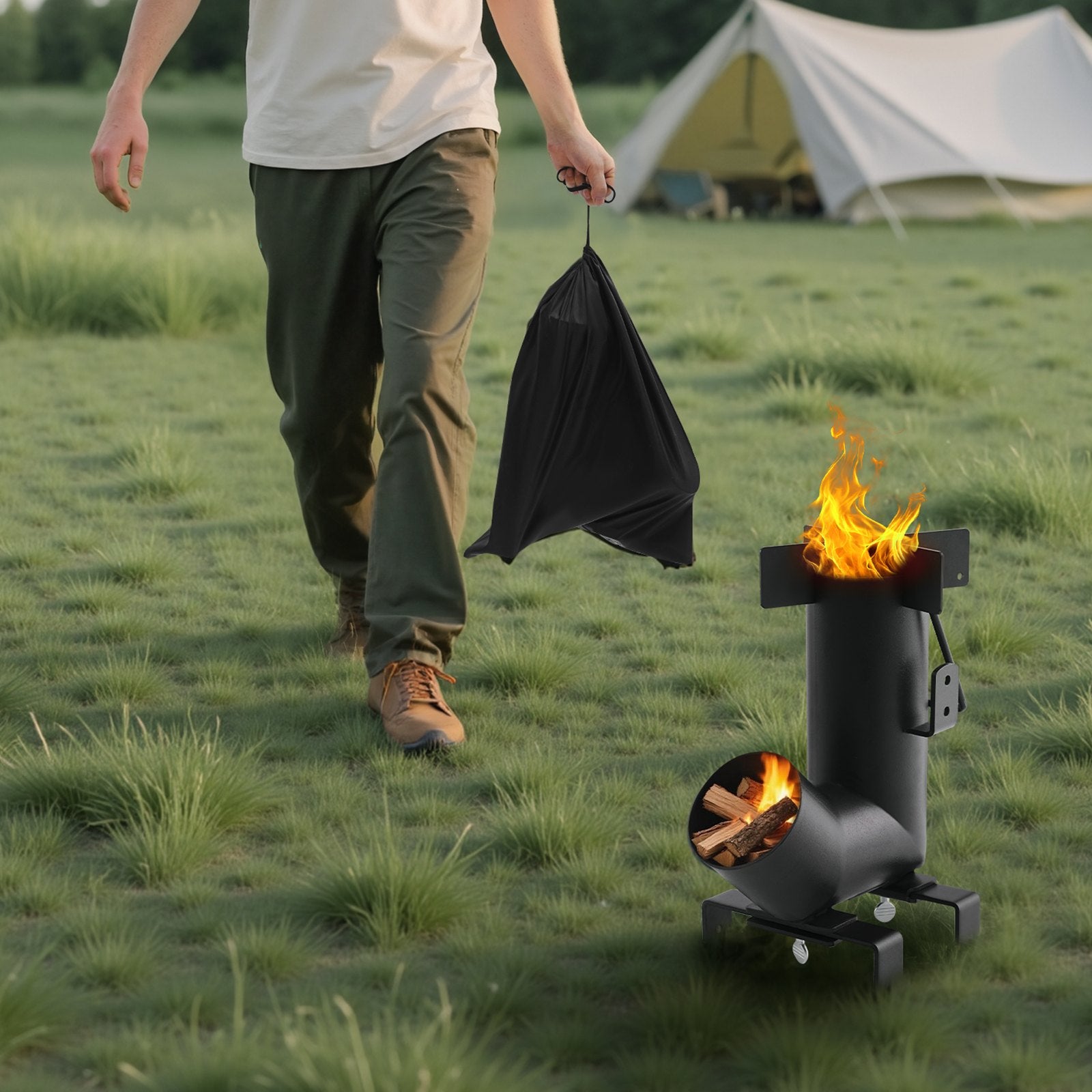Portable Carbon Steel Rocket Stove for Outdoor Cooking - Wood Burning, Backpacking, Camp Heating, Durable with Carrying Bag