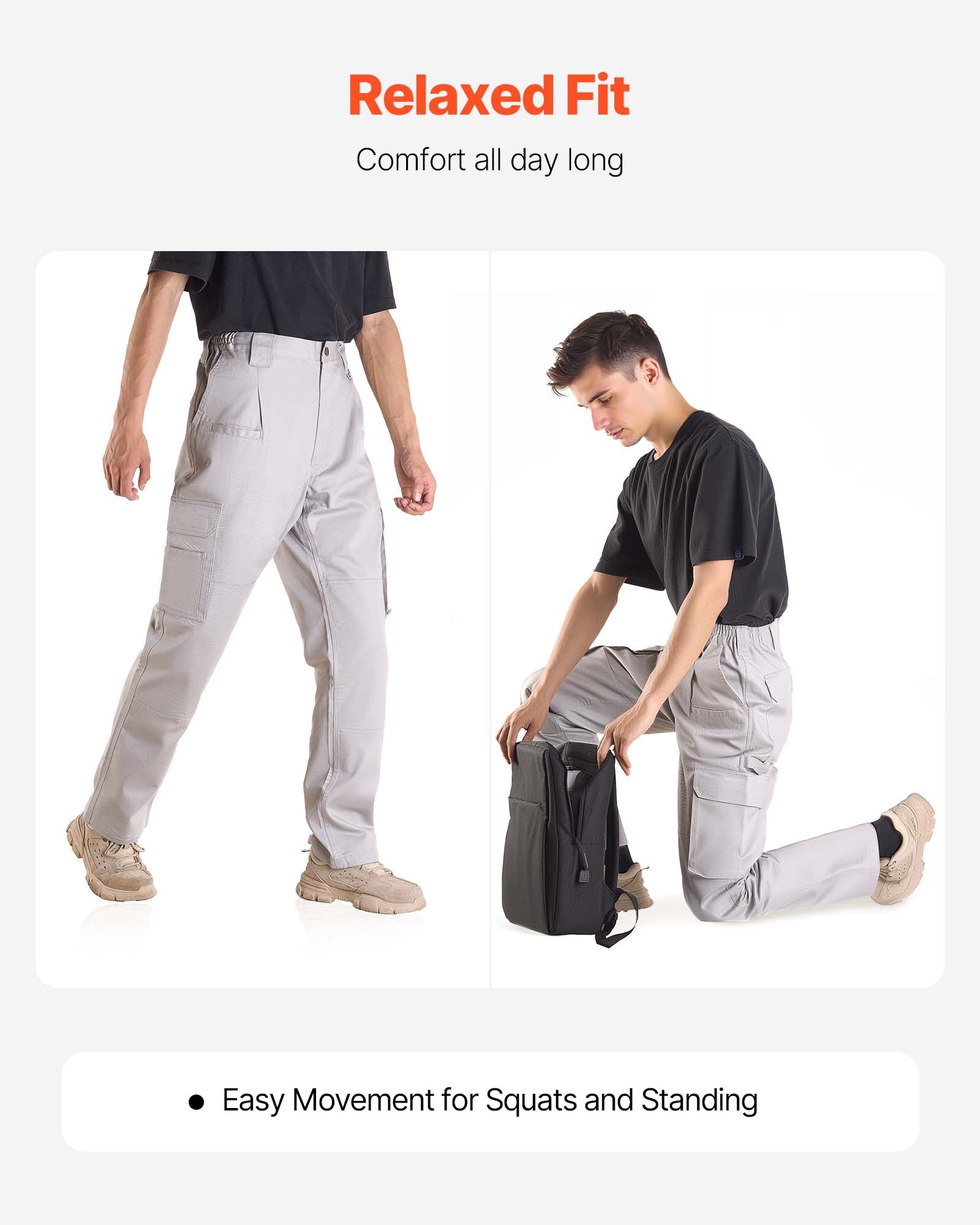 Men's Flame-Resistant Cargo Pants - 9 oz Cotton, Multi-Pocket, Tear-Proof, Elastic Waist, Ideal for Welding and Casual Wear, Gray, L Size
