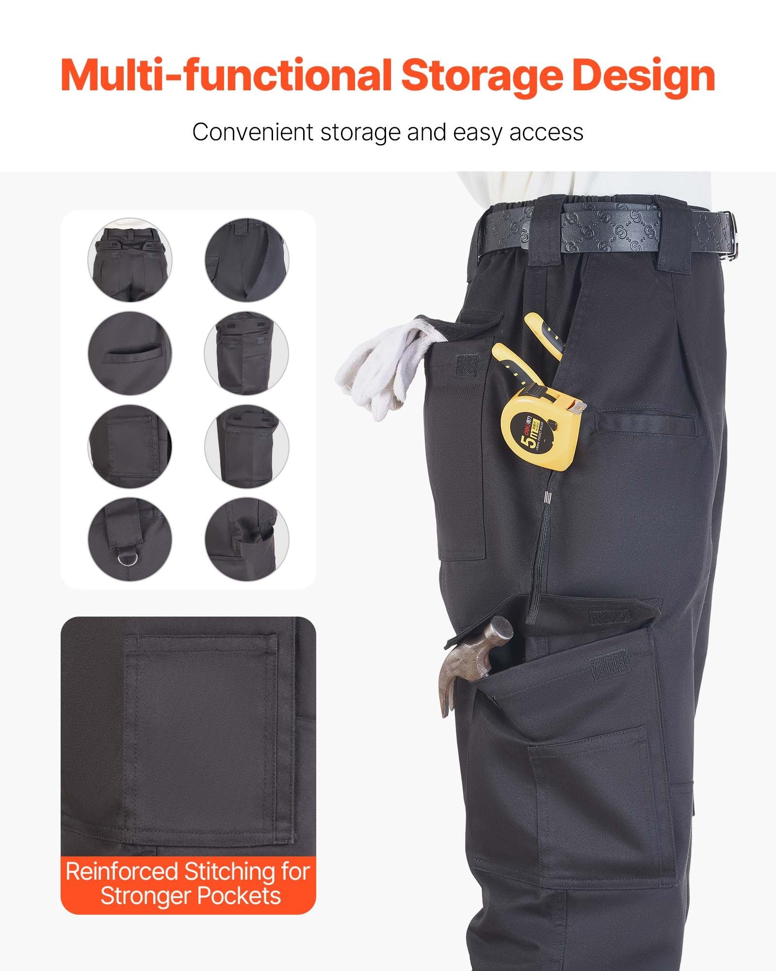 Men's Flame-Resistant Cargo Pants - 100% Cotton, Tear-Proof, Multi-Pocket, Elastic Waist, Ideal for Welding & Casual Wear, L Size, Black