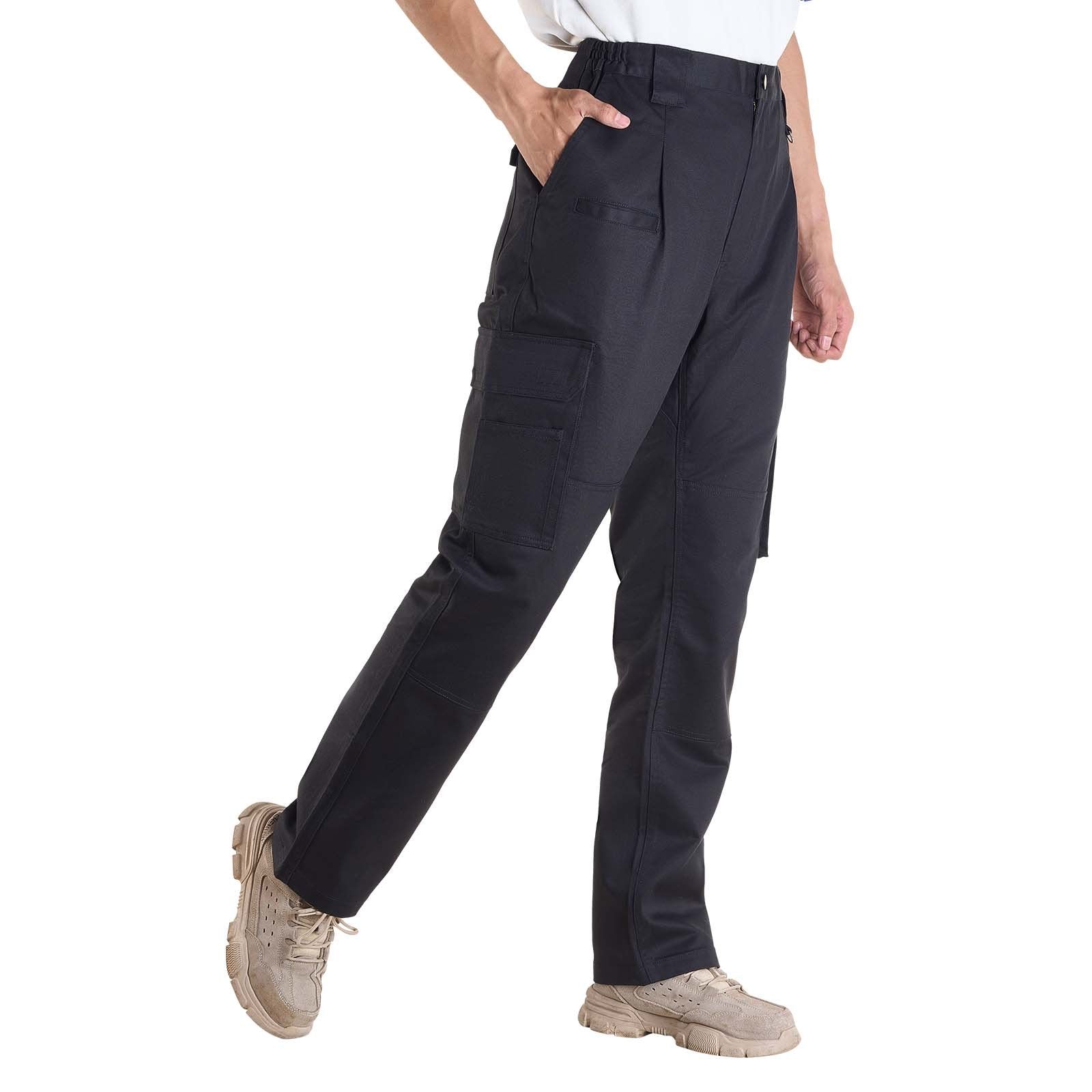 Men's Flame-Resistant Cargo Pants - 100% Cotton, Tear-Proof, Multi-Pocket, Elastic Waist, Ideal for Welding & Casual Wear, L Size, Black