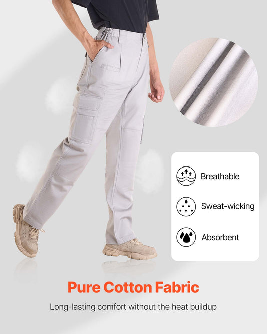 Men's Flame-Resistant Cargo Pants, 100% Cotton, Tear-Proof Multi-Pocket Design, Elastic Waist, Ideal for Welding & Casual Use, Gray, M Size
