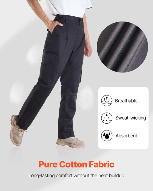 Men's Flame-Resistant Cargo Pants - 9 oz 100% Cotton, Multi-Pockets, Elastic Waist, Tear-Proof Stitching, Ideal for Welding & Casual Wear, Black