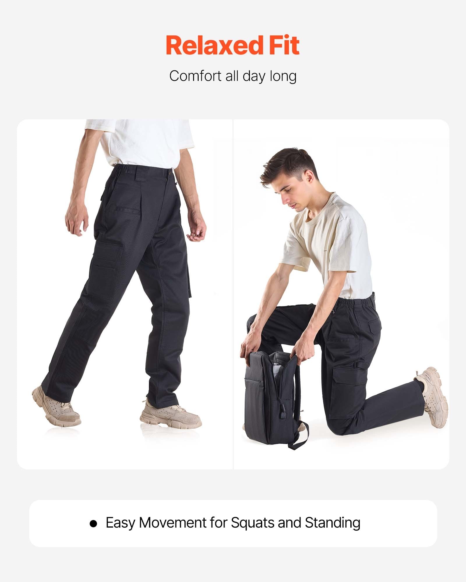 Men's Flame-Resistant Cargo Pants - 9 oz 100% Cotton, Multi-Pockets, Elastic Waist, Tear-Proof Stitching, Ideal for Welding & Casual Wear, Black