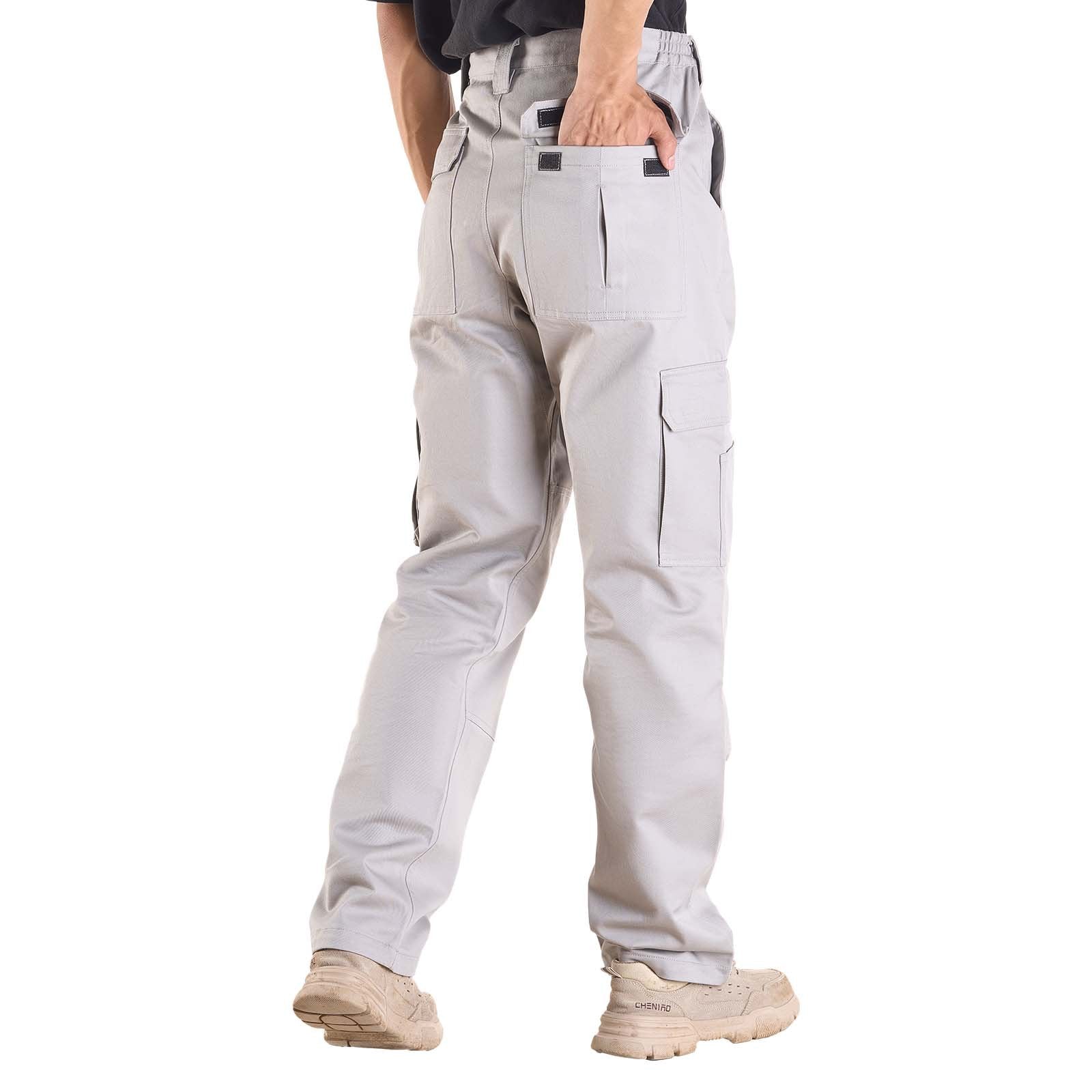 Men's Flame-Resistant Cargo Pants, 100% Cotton, Tear-Proof Stitching, Elastic Waist, Multi-Pocket Design for Welding & Casual Wear, XL Gray