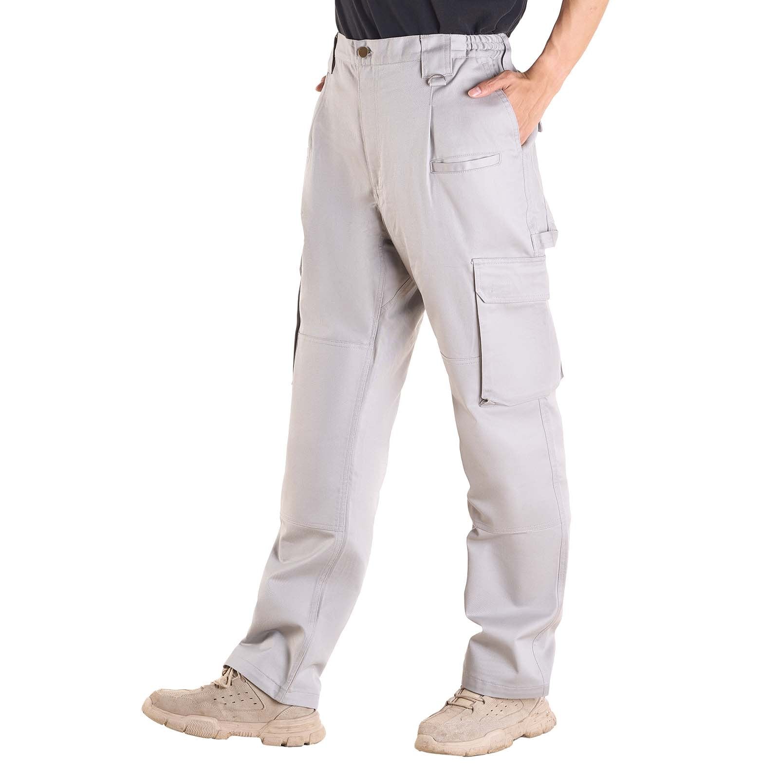 Men's Flame-Resistant Cargo Pants, 100% Cotton, Tear-Proof Stitching, Elastic Waist, Multi-Pocket Design for Welding & Casual Wear, XL Gray