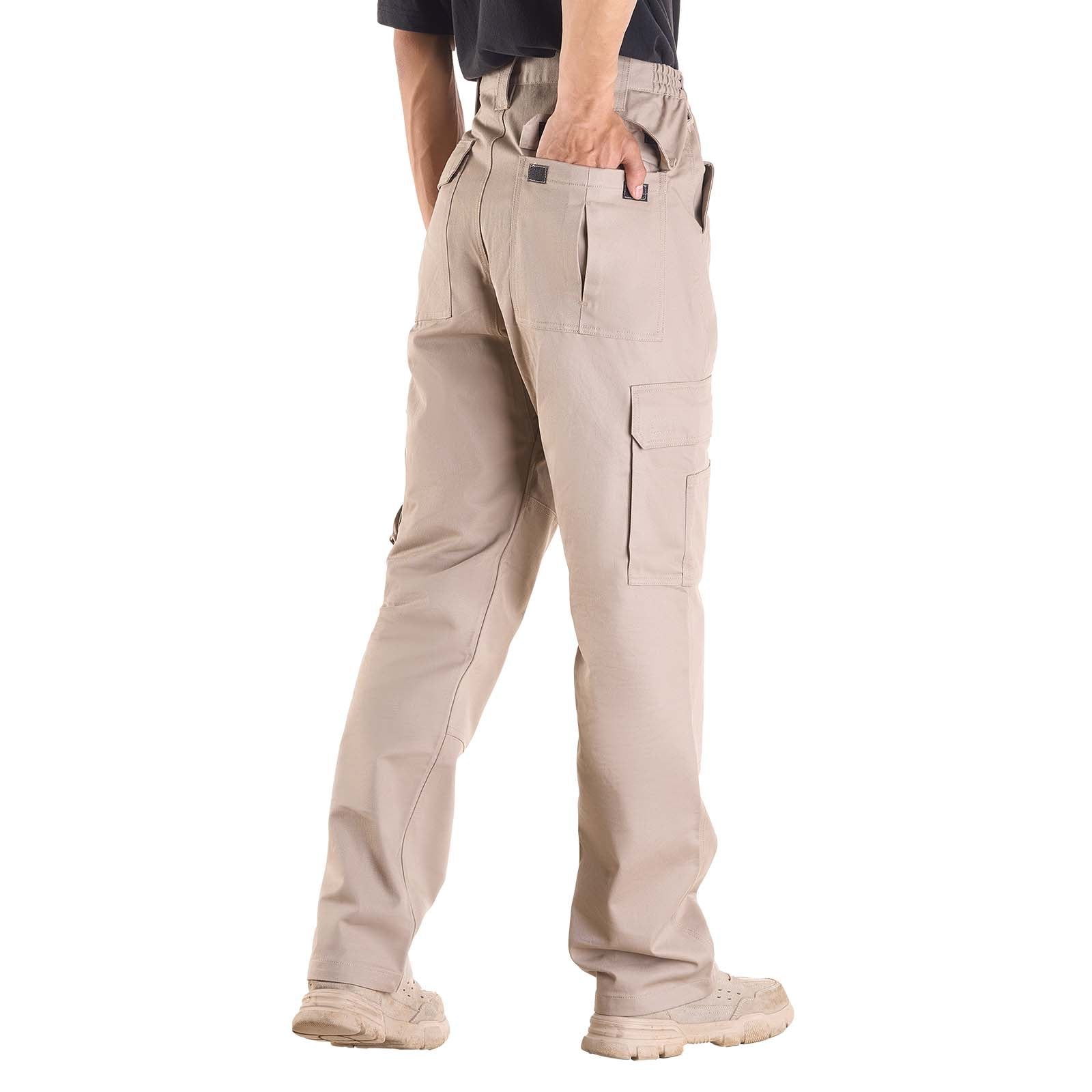 Flame-Resistant Men's Cargo Pants, 100% Cotton, Reinforced Stitching, Multi-Pocket, Elastic Waist - Perfect for Welding & Casual Wear, L, Khaki