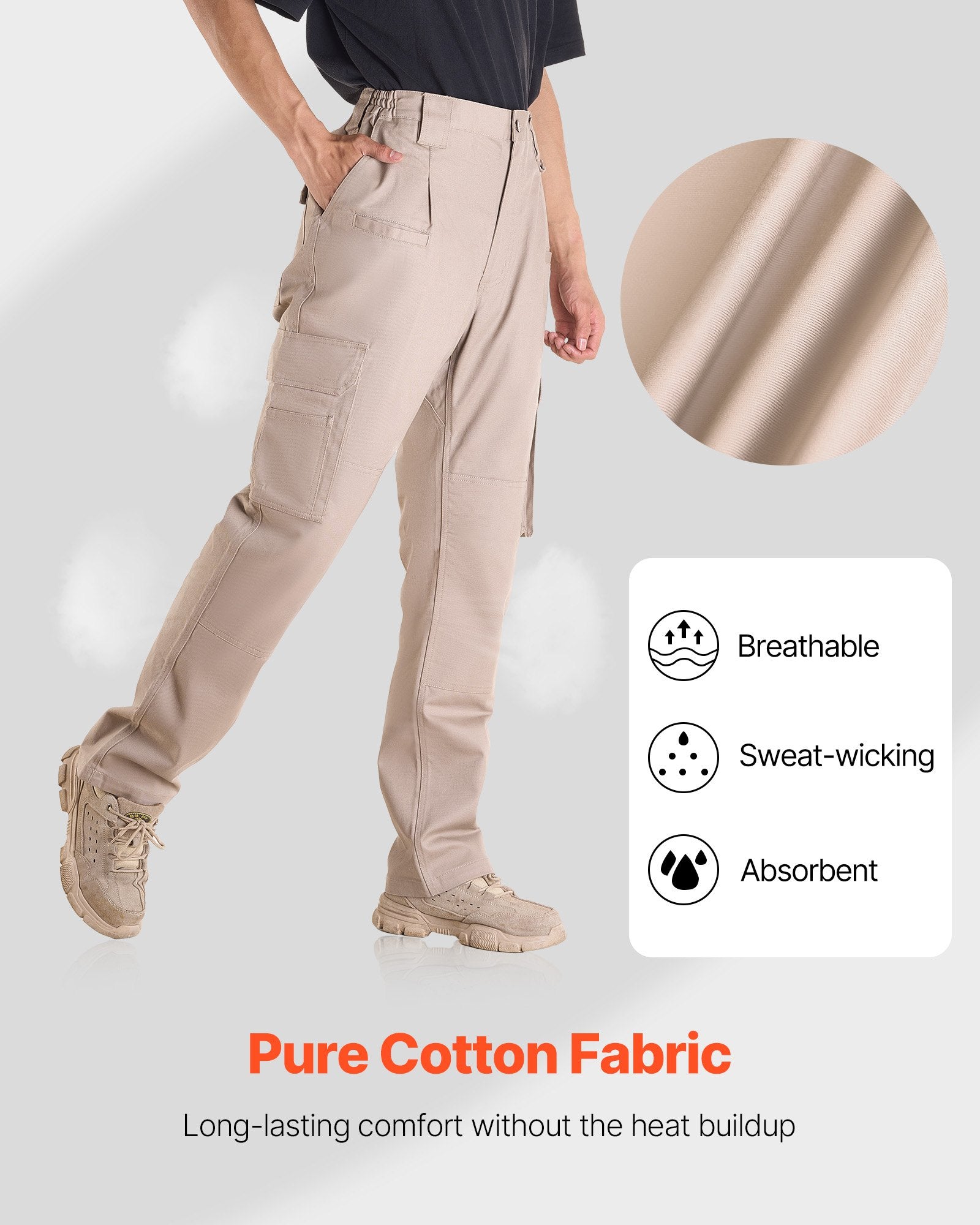 Men's Flame-Resistant Cargo Pants, 100% Cotton, Tear-Proof Stitching, Elastic Waist, 9 Pockets, Ideal for Welding & Casual Wear, Khaki, M Size