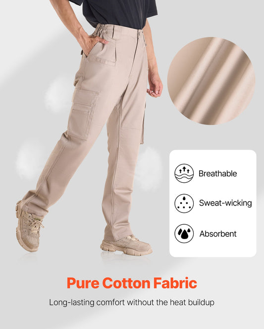 Men's Flame-Resistant Cargo Pants, 100% Cotton, Tear-Proof Stitching, Elastic Waist, 9 Pockets, Ideal for Welding & Casual Wear, Khaki, M Size