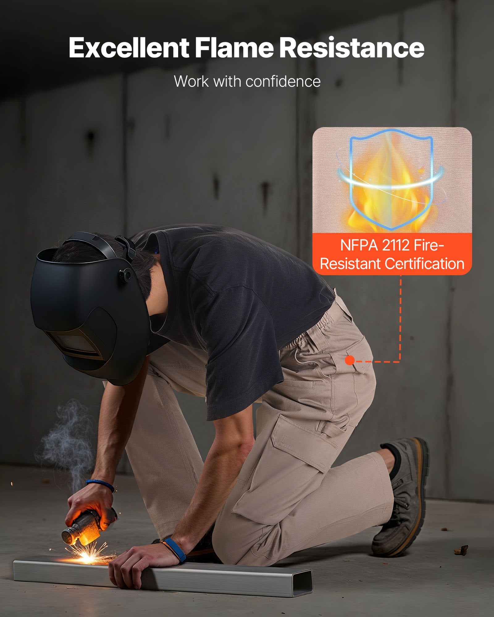 Men's Flame-Resistant Cargo Pants, 100% Cotton, Tear-Proof Stitching, Elastic Waist, 9 Pockets, Ideal for Welding & Casual Wear, Khaki, M Size