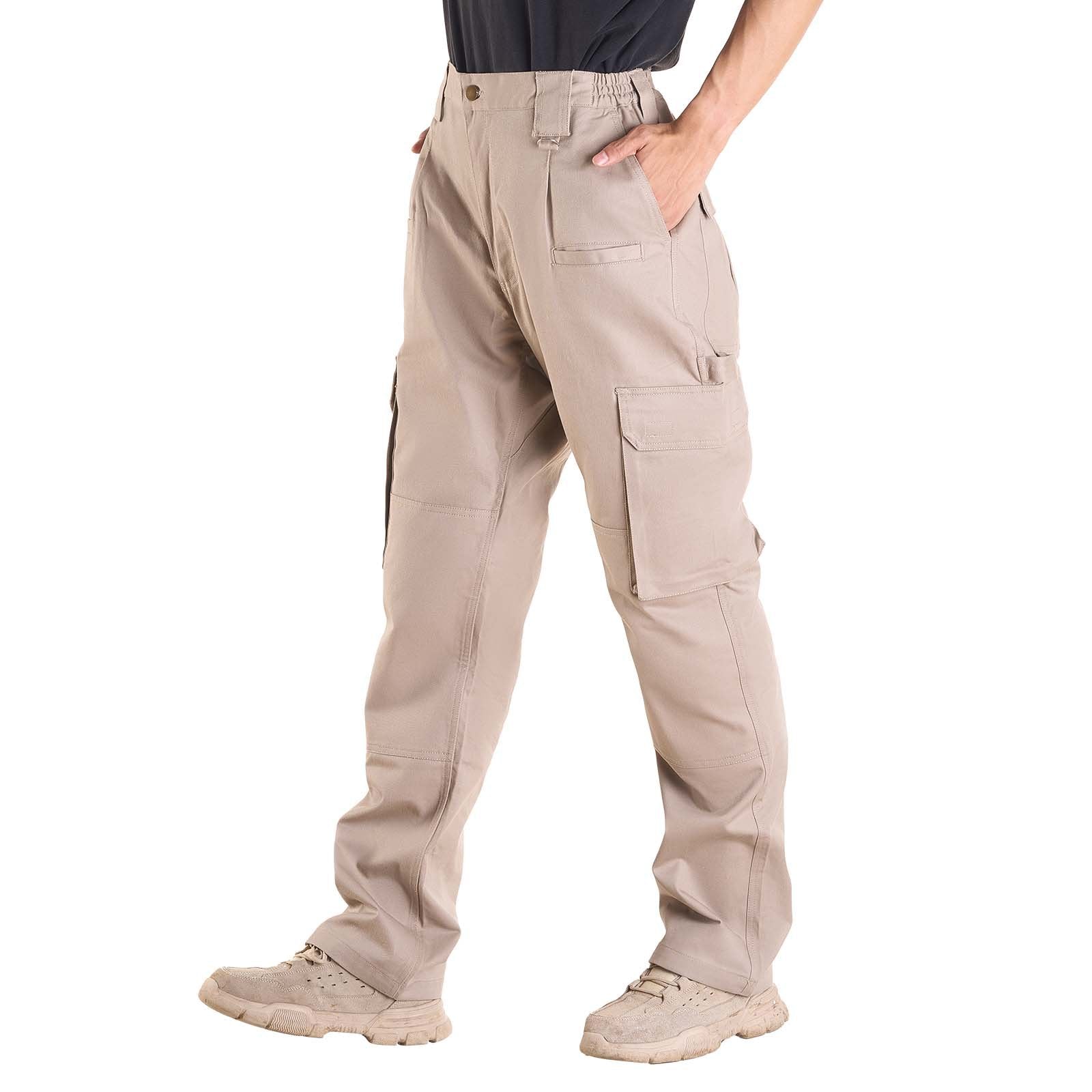 Men's Flame-Resistant Cargo Pants, 100% Cotton, Tear-Proof Stitching, Elastic Waist, 9 Pockets, Ideal for Welding & Casual Wear, Khaki, M Size
