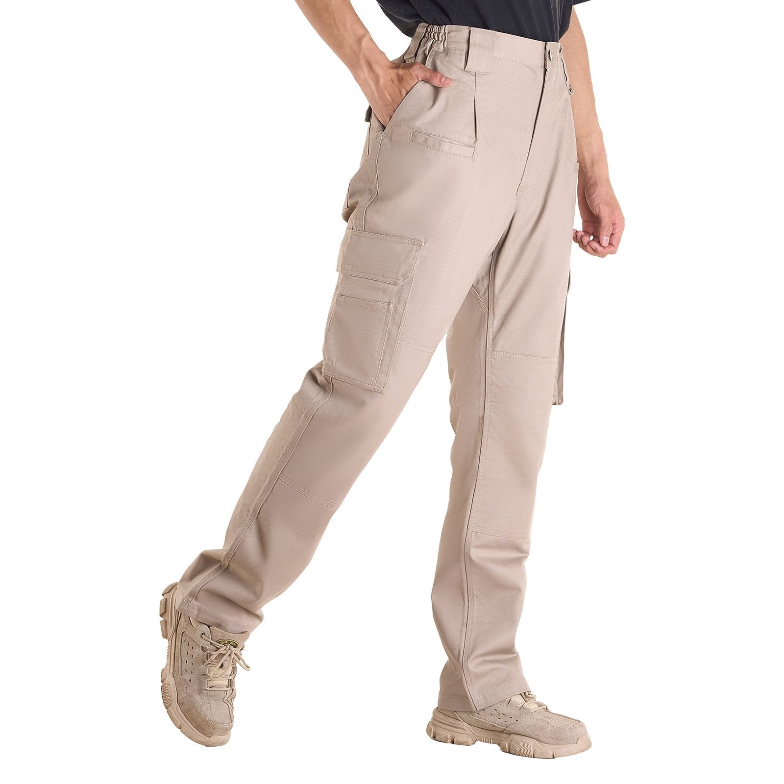 Men's Flame-Resistant Cargo Pants, 100% Cotton, Tear-Proof Stitching, Elastic Waist, 9 Pockets, Ideal for Welding & Casual Wear, Khaki, M Size