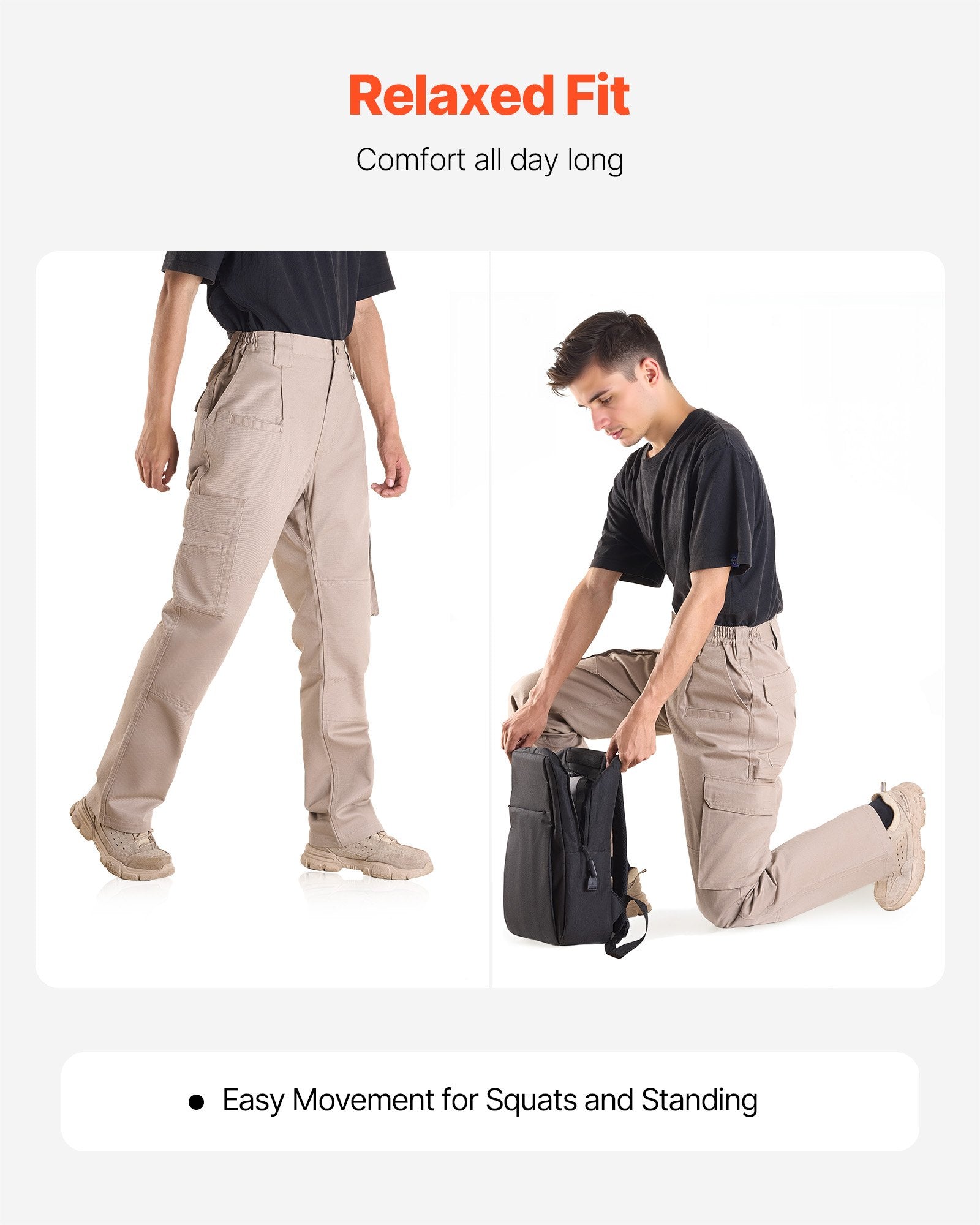 XL Flame-Resistant Men's Cargo Pants, 100% Cotton, Tear-Proof Stitching, Multi-Pockets, Elastic Waist, Ideal for Welding & Casual Wear, Khaki