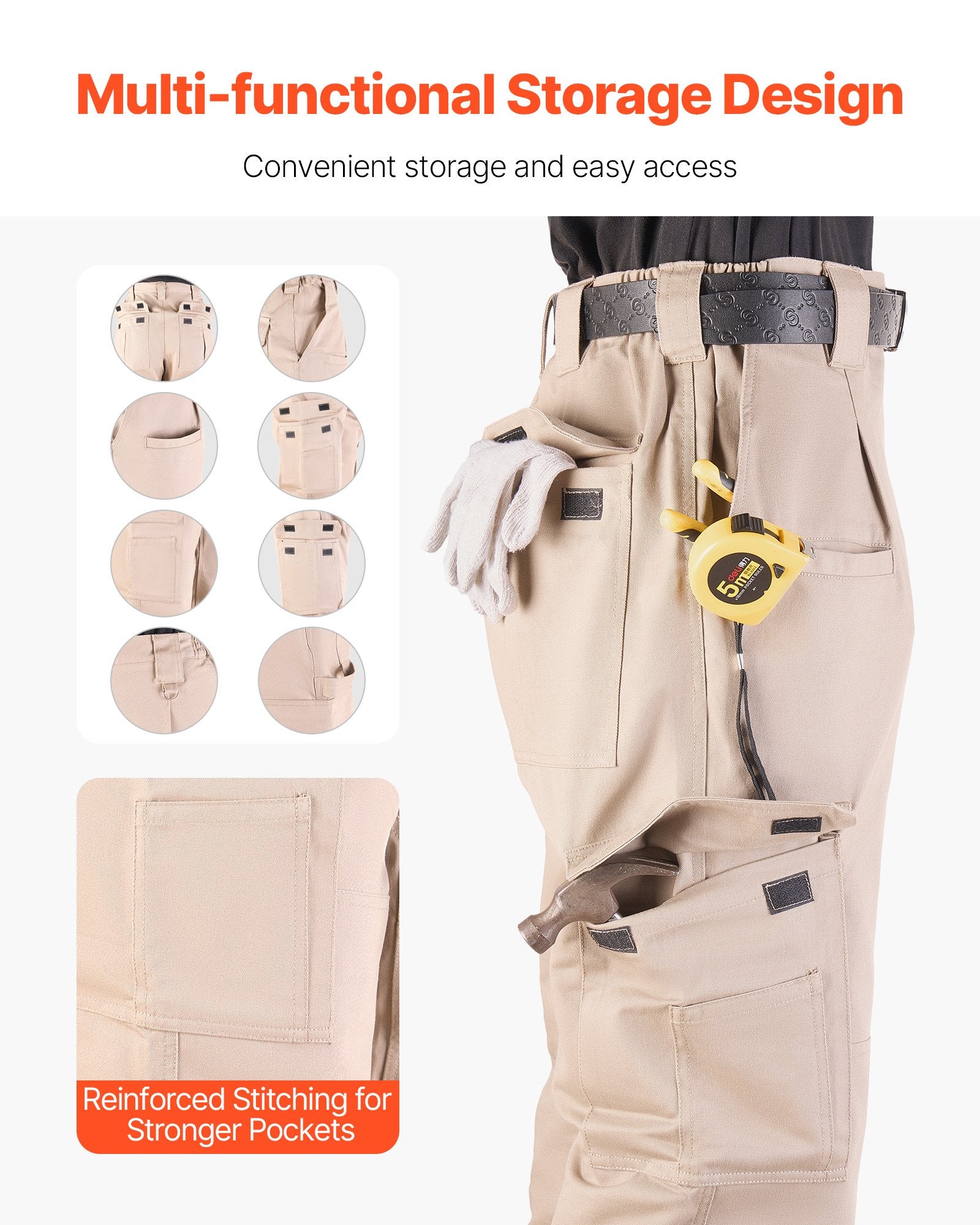 XL Flame-Resistant Men's Cargo Pants, 100% Cotton, Tear-Proof Stitching, Multi-Pockets, Elastic Waist, Ideal for Welding & Casual Wear, Khaki