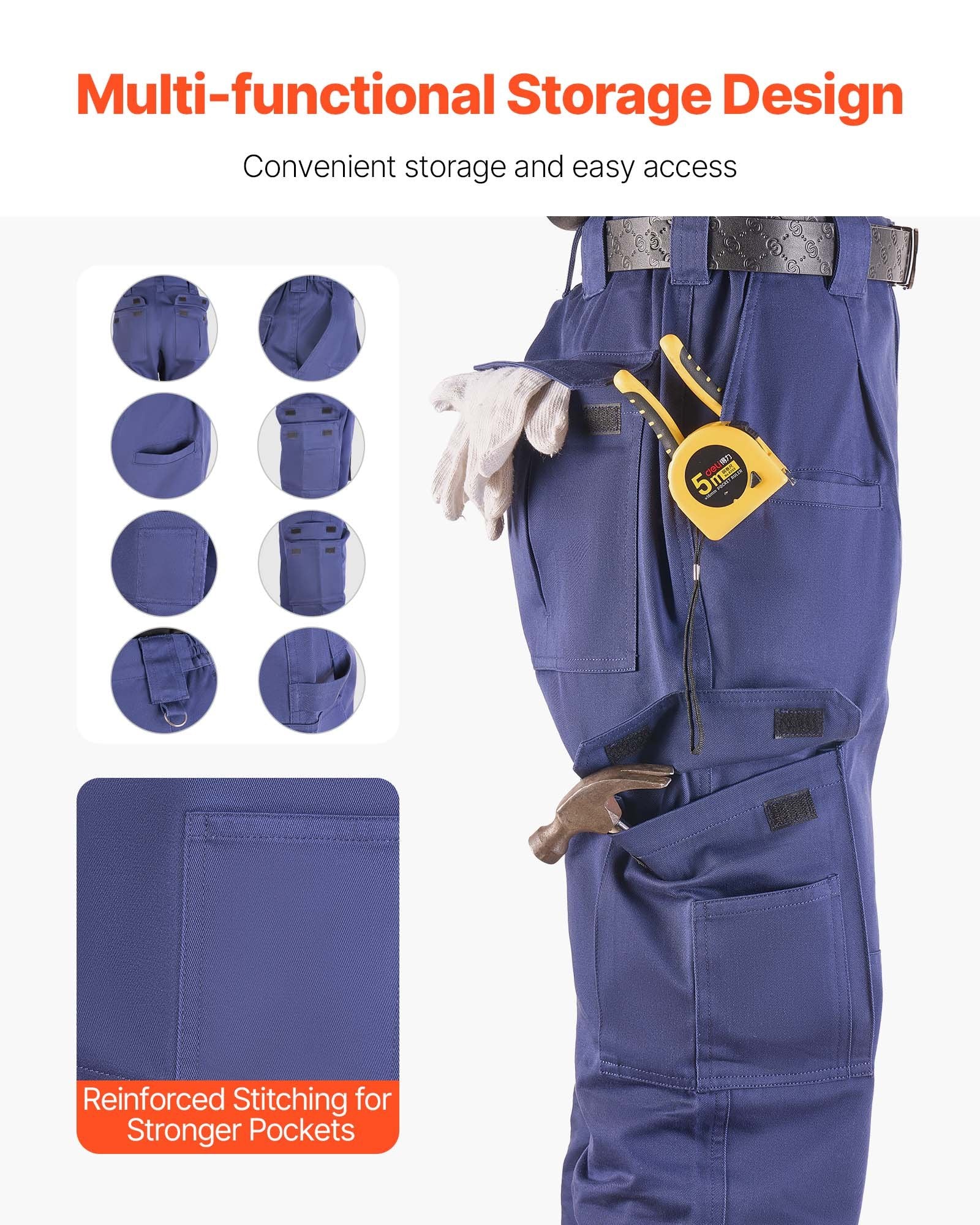 Men's Flame-Resistant Cargo Pants, 100% Cotton, Elastic Waist, Tear-Proof Stitching, Multi-Pockets for Welding & Everyday Use, Dark Blue, Size L