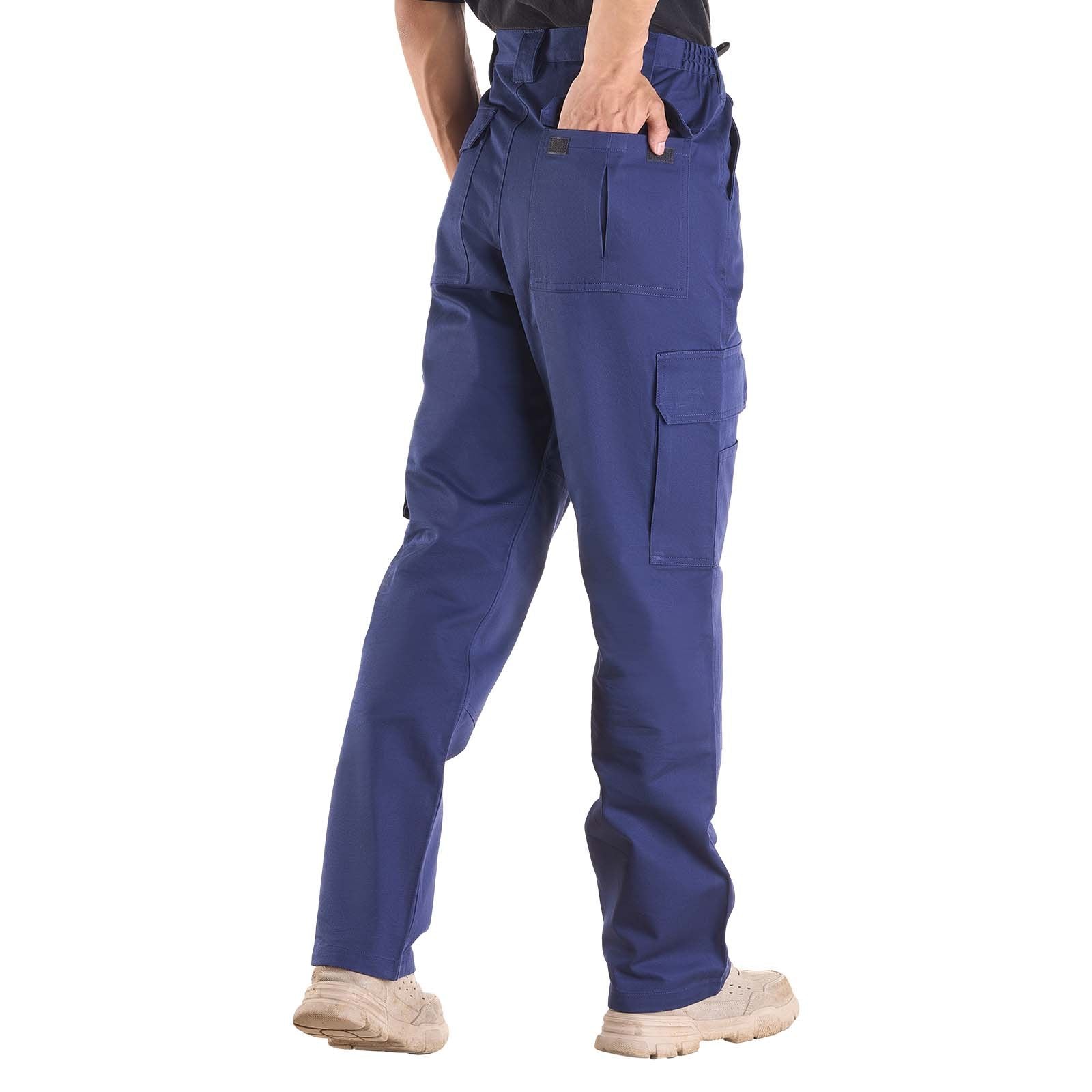 Men's Flame-Resistant Cargo Pants, 100% Cotton, Elastic Waist, Tear-Proof Stitching, Multi-Pockets for Welding & Everyday Use, Dark Blue, Size L