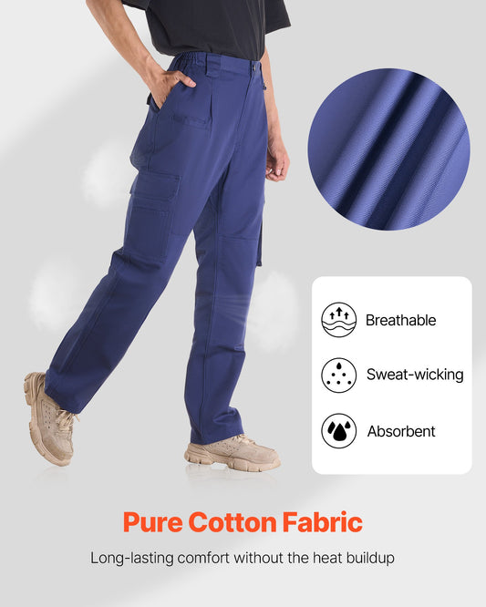 Men's Flame-Resistant Cargo Pants - 100% Cotton, Tear-Proof Stitching, Elastic Waist, Multi-Pockets, Perfect for Welding, Dark Blue, M Size