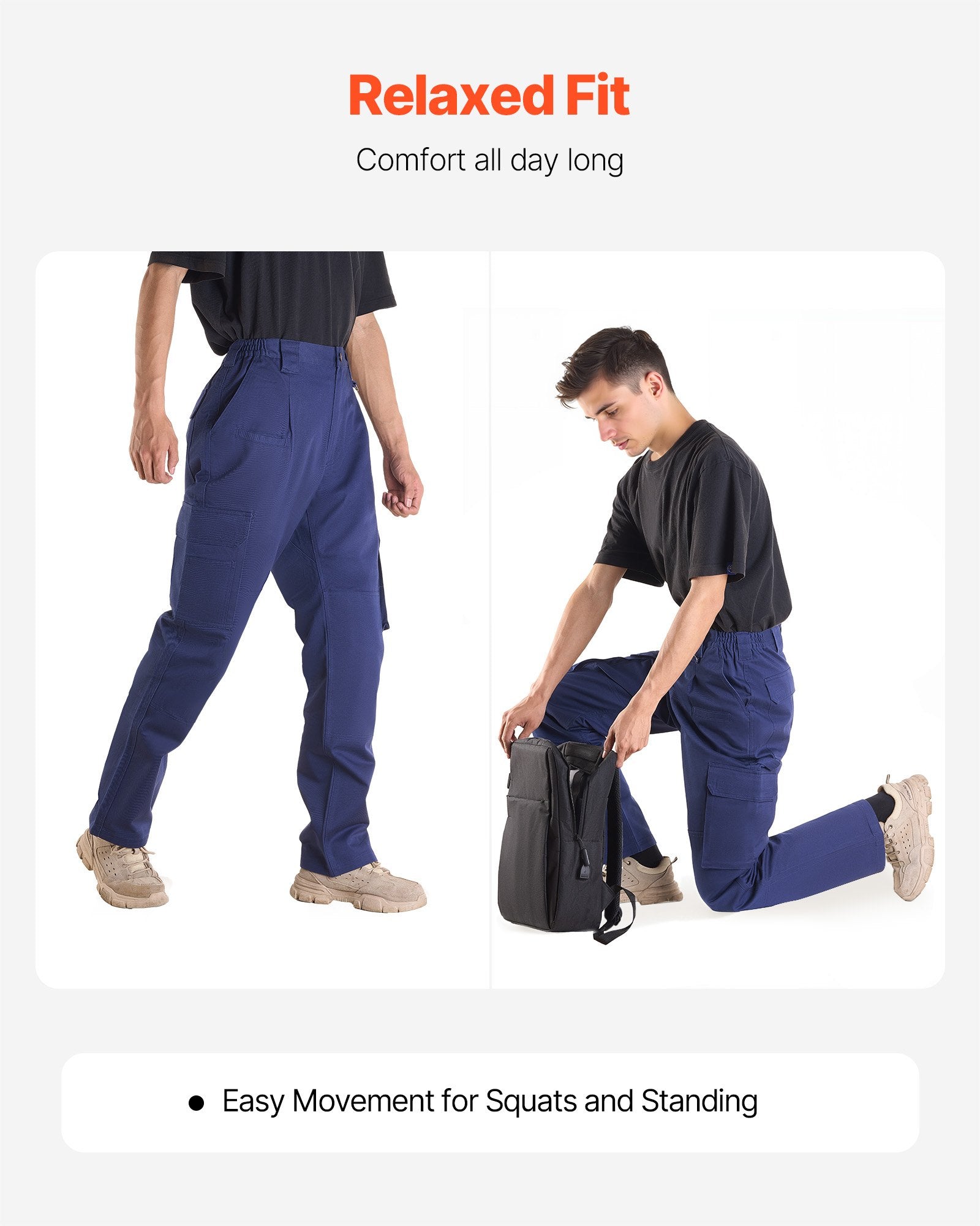 Men's Flame-Resistant Cargo Pants - 100% Cotton, Tear-Proof Stitching, Elastic Waist, Multi-Pockets, Perfect for Welding, Dark Blue, M Size