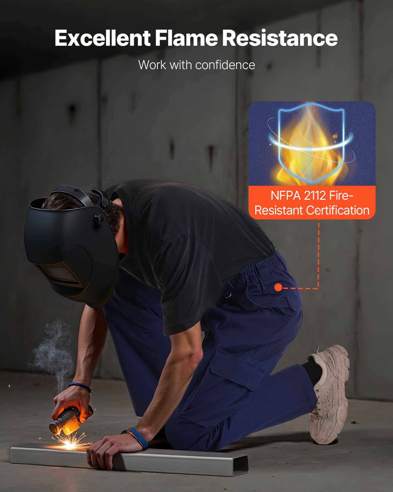 Men's Flame-Resistant Cargo Pants - 100% Cotton, Tear-Proof Stitching, Elastic Waist, Multi-Pockets, Perfect for Welding, Dark Blue, M Size