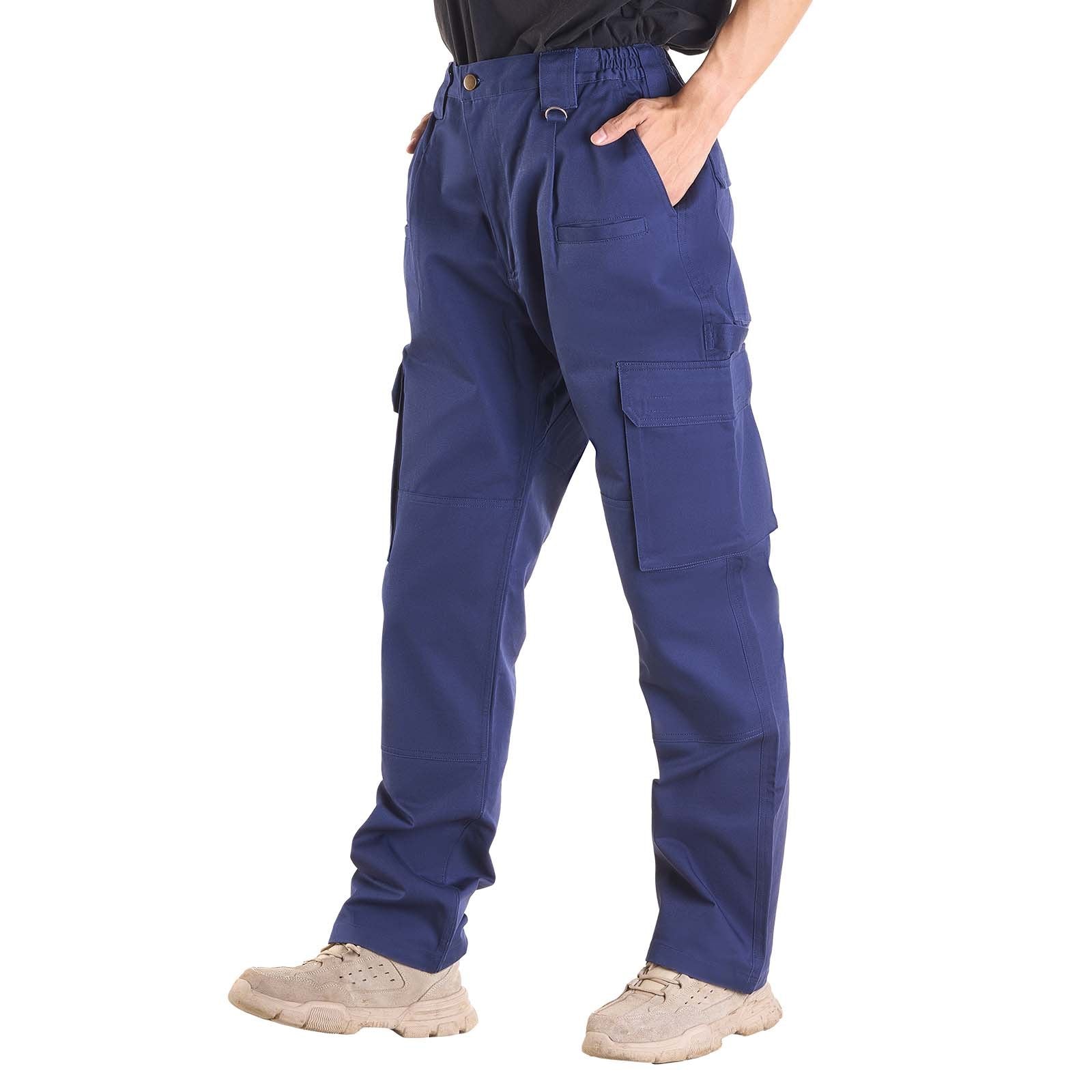 Men's Flame-Resistant Cargo Pants - 100% Cotton, Tear-Proof Stitching, Elastic Waist, Multi-Pockets, Perfect for Welding, Dark Blue, M Size