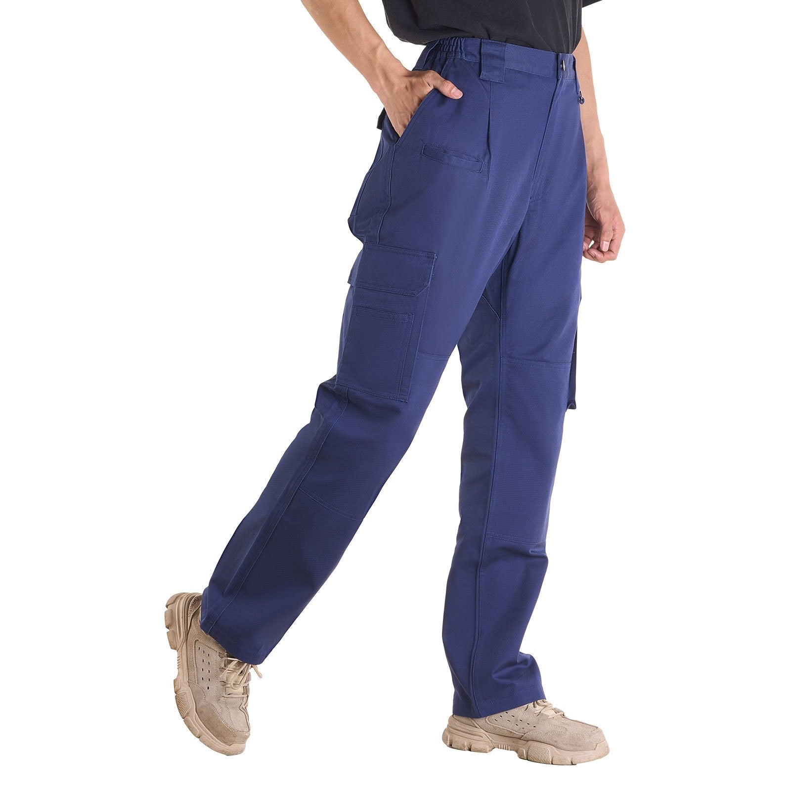 Men's Flame-Resistant Cargo Pants - 100% Cotton, Tear-Proof Stitching, Elastic Waist, Multi-Pockets, Perfect for Welding, Dark Blue, M Size
