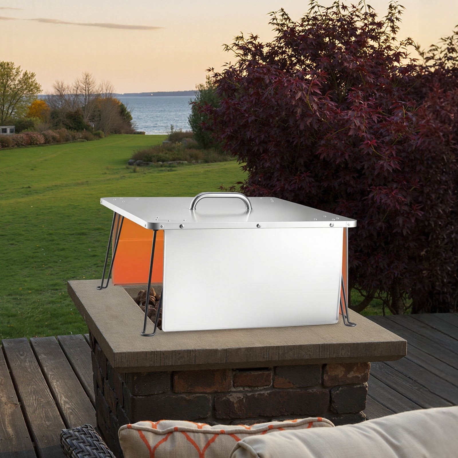 Square Stainless Steel Fire Pit Heat Deflector with Foldable Legs - Outdoor Bonfire Cover for Efficient Heat Distribution, Camping & Wood Burning
