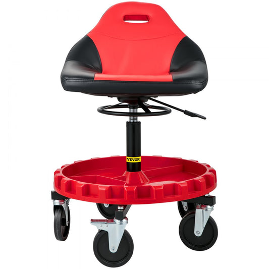 VEVOR Rolling Garage Stool, 300LBS Capacity, 18"-23" Adjustable Height Range, Mechanic Seat with Swivel Casters and Tool Tray, for Workshop, Auto Repair Shop, Red