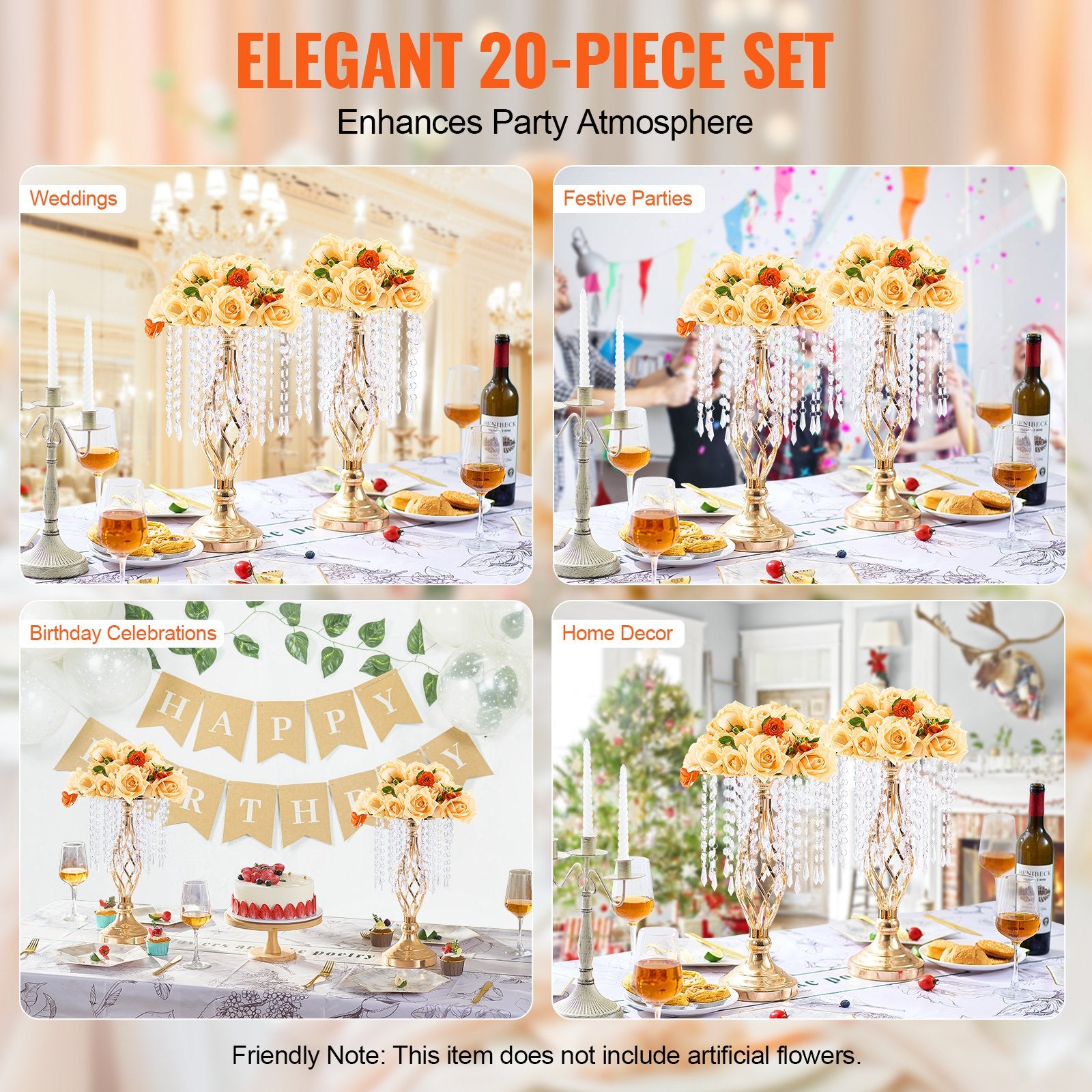 Elegant 20PCS 43cm Gold Crystal Wedding Flower Stands - Metal Centerpiece Vase Holders for Table Decor, Ceremony, Party, Event Display