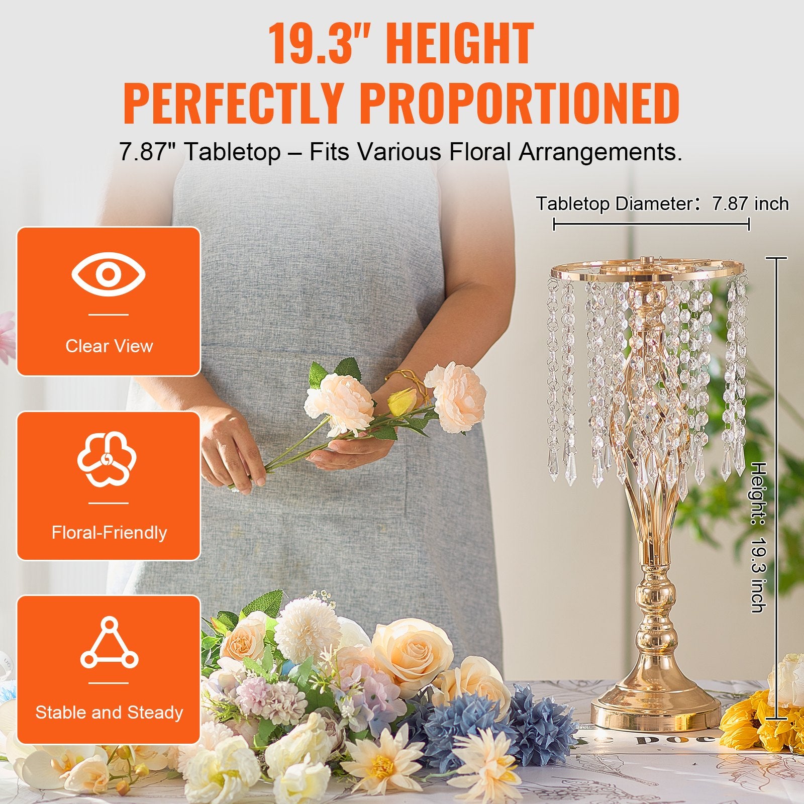 12PCS 19.3” Tall Gold Metal Crystal Wedding Flower Stand, Elegant Centerpiece Vase for Table Decor, Parties, Ceremonies, and Events
