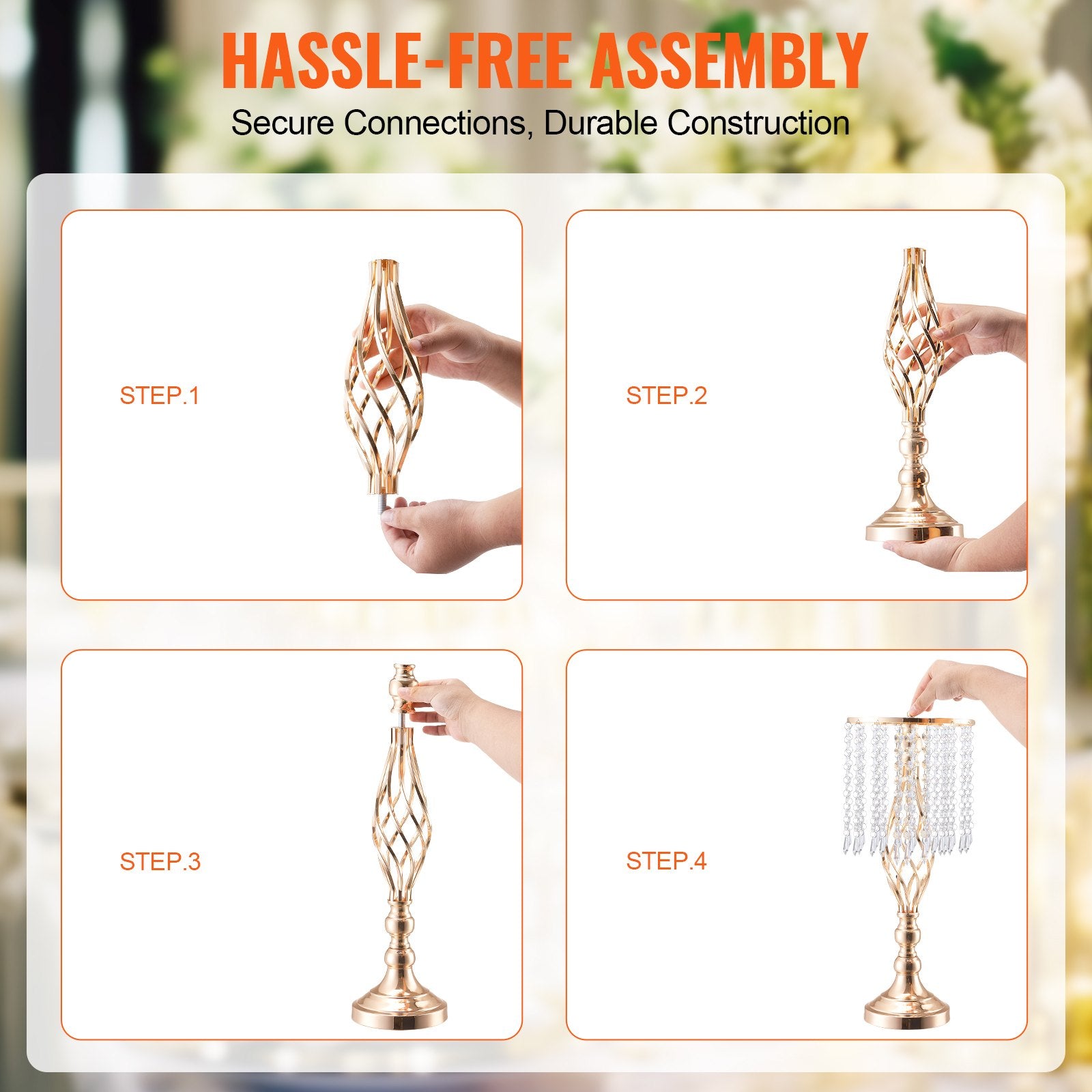 12PCS 19.3” Tall Gold Metal Crystal Wedding Flower Stand, Elegant Centerpiece Vase for Table Decor, Parties, Ceremonies, and Events
