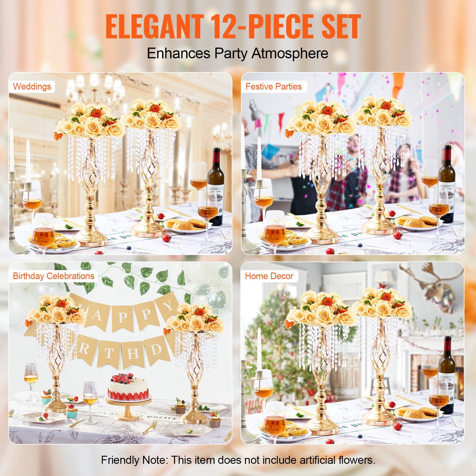 12PCS 19.3” Tall Gold Metal Crystal Wedding Flower Stand, Elegant Centerpiece Vase for Table Decor, Parties, Ceremonies, and Events