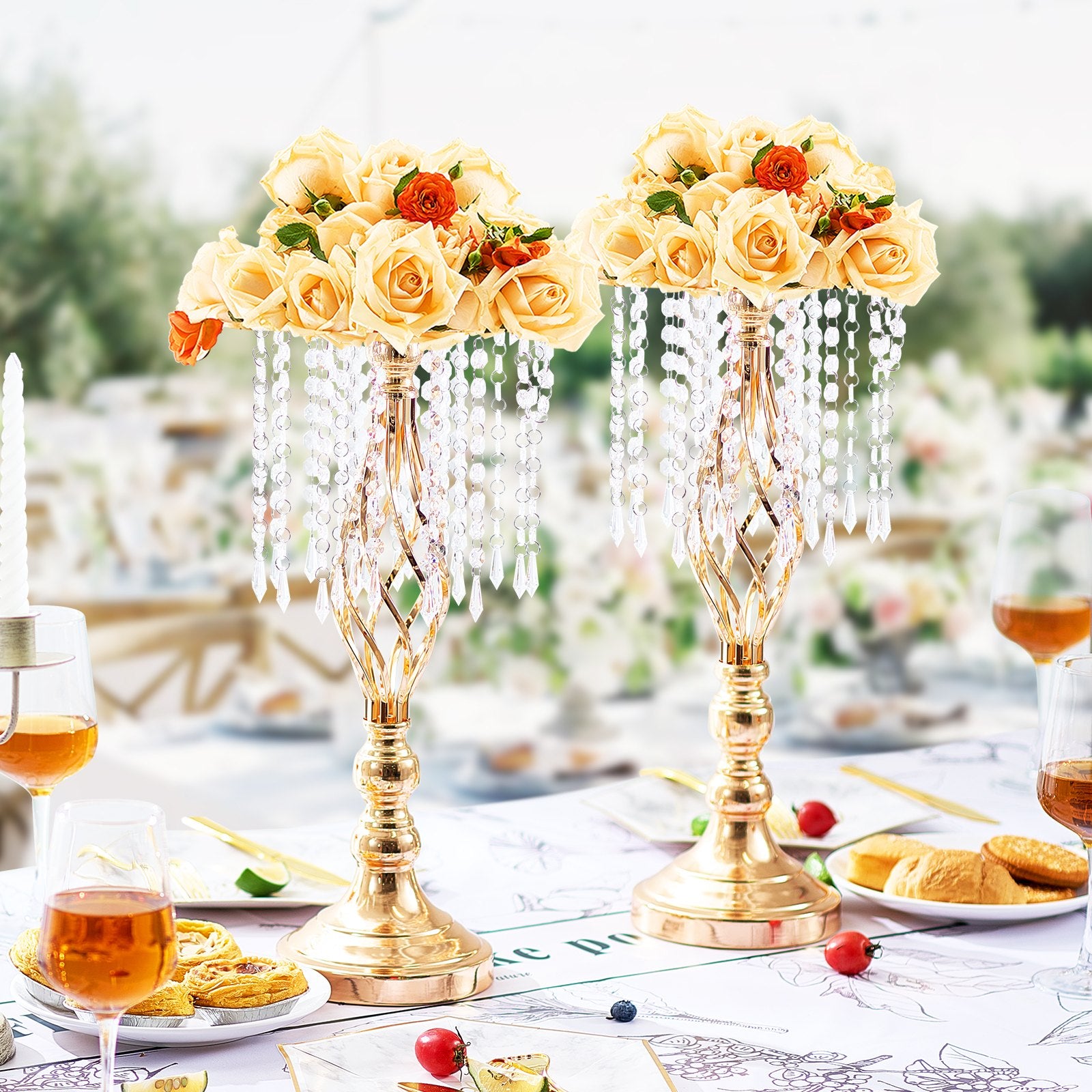 12PCS 19.3” Tall Gold Metal Crystal Wedding Flower Stand, Elegant Centerpiece Vase for Table Decor, Parties, Ceremonies, and Events