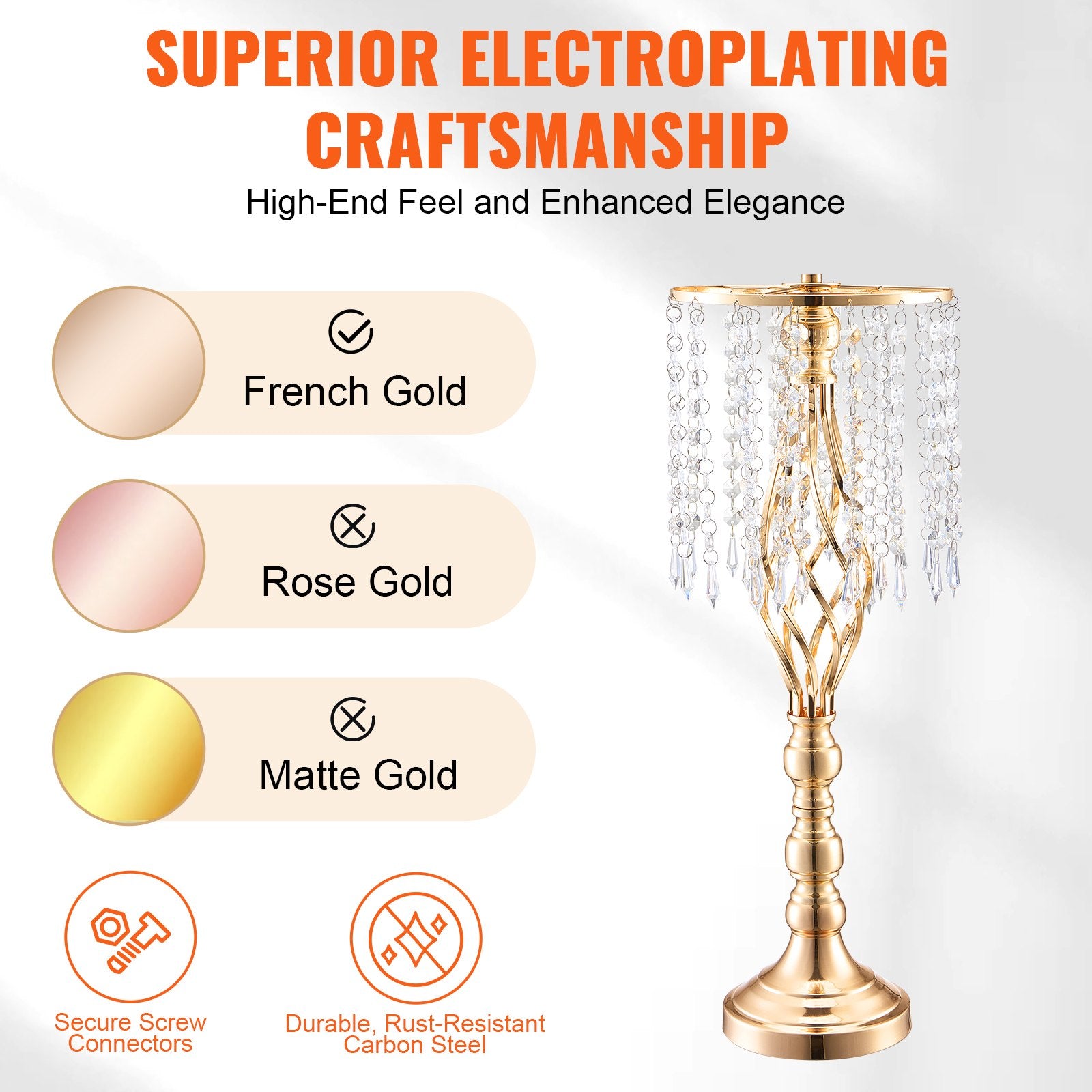 Elegant 21.65” Tall Gold Crystal Flower Stand Set of 2 - Perfect Metal Centerpiece Vase for Wedding, Party, Ceremony & Event Decor
