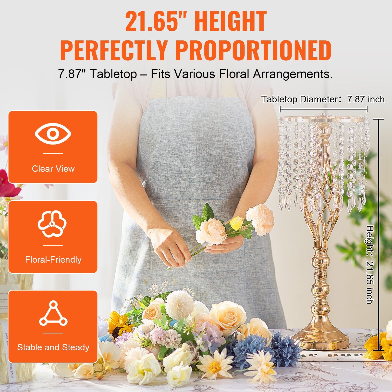 Elegant 21.65” Tall Gold Crystal Flower Stand Set of 2 - Perfect Metal Centerpiece Vase for Wedding, Party, Ceremony & Event Decor