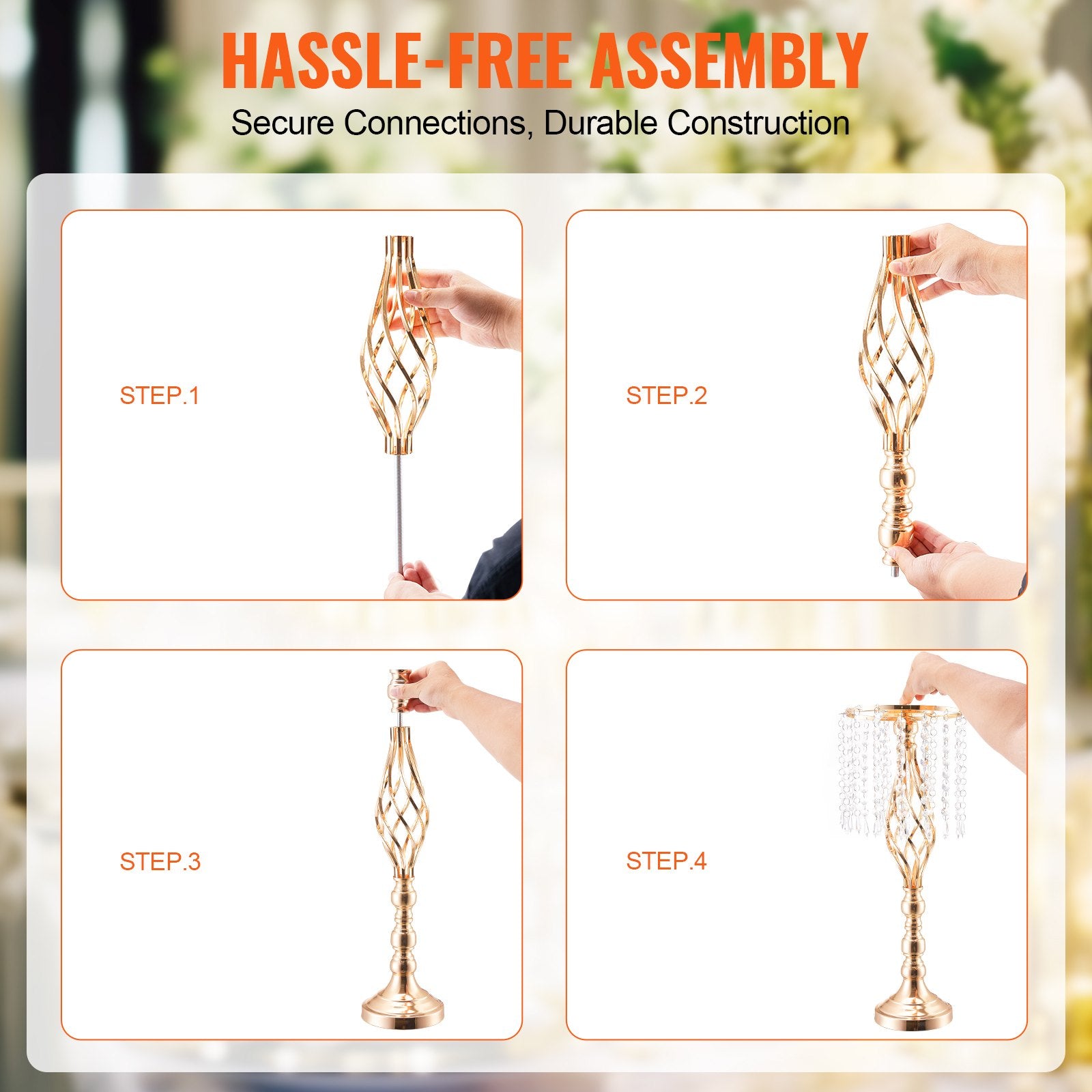 Elegant 21.65” Tall Gold Crystal Flower Stand Set of 2 - Perfect Metal Centerpiece Vase for Wedding, Party, Ceremony & Event Decor