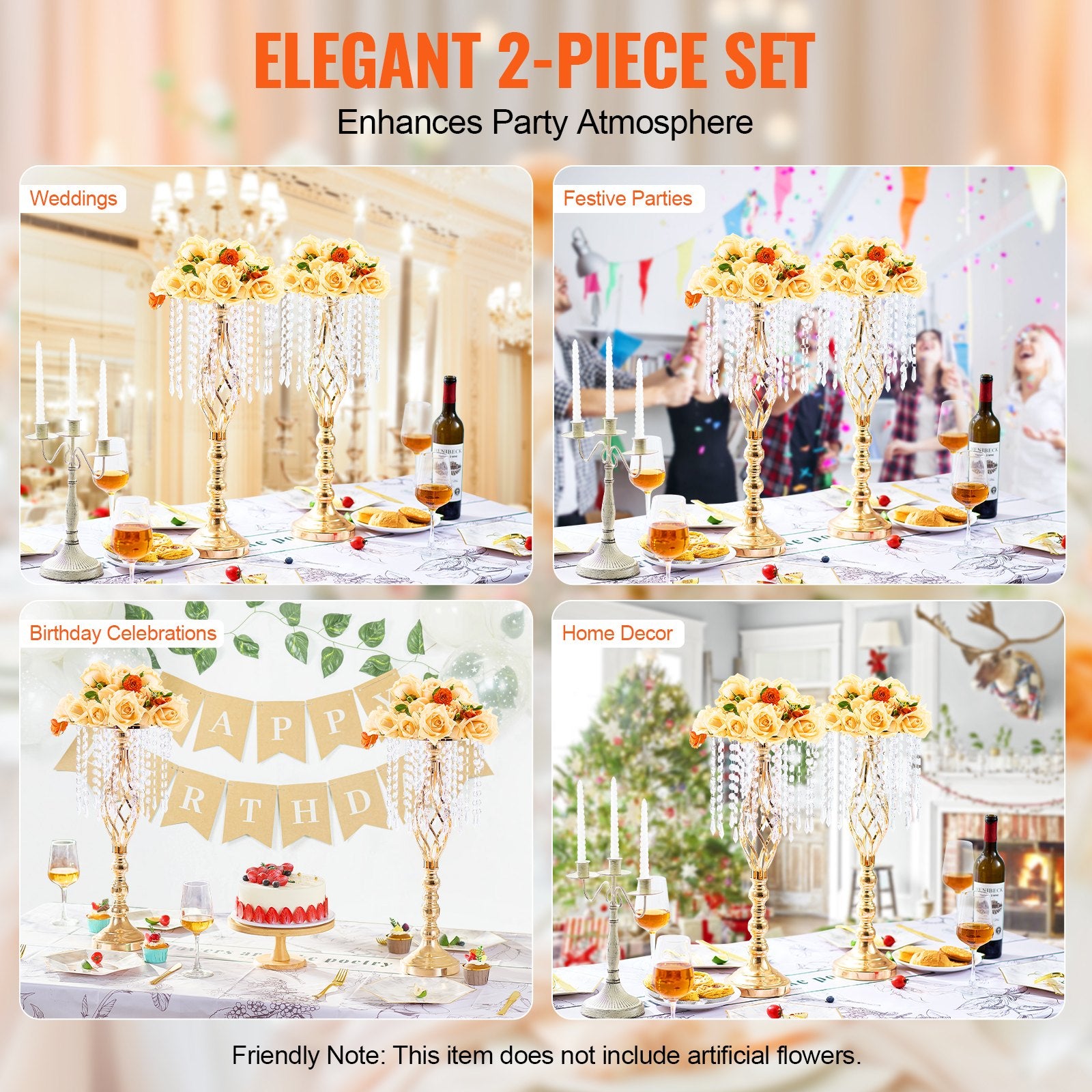 Elegant 21.65” Tall Gold Crystal Flower Stand Set of 2 - Perfect Metal Centerpiece Vase for Wedding, Party, Ceremony & Event Decor