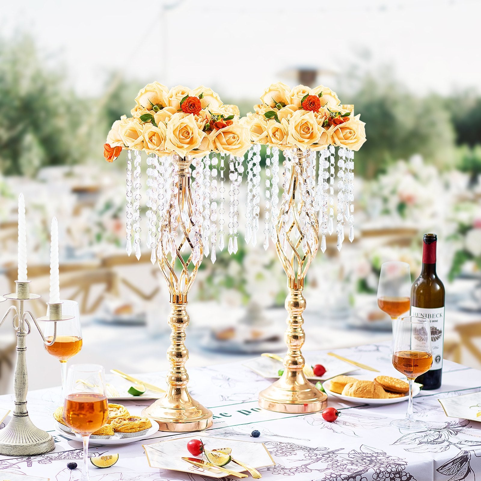 Elegant 21.65” Tall Gold Crystal Flower Stand Set of 2 - Perfect Metal Centerpiece Vase for Wedding, Party, Ceremony & Event Decor