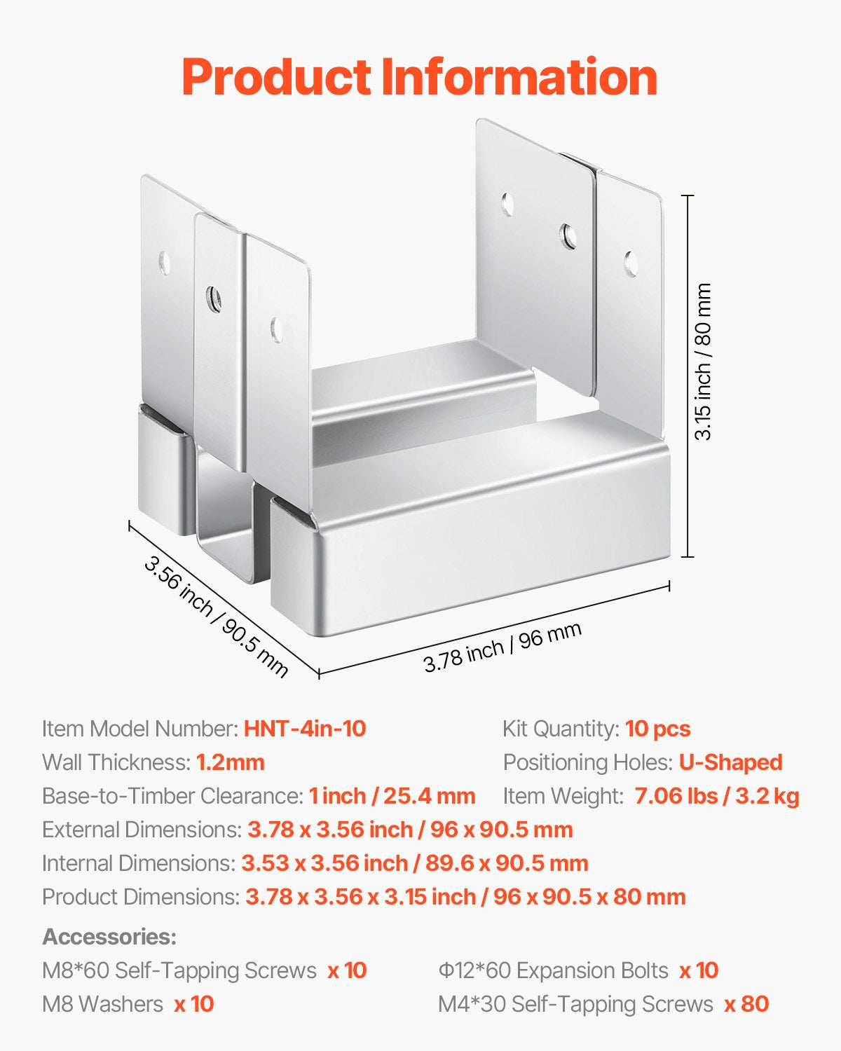Heavy-Duty 4x4 Post Base Set, 10 Pcs, Zinc-Plated Carbon Steel Brackets for Concrete Pergolas, Patios, with 1-Inch Standoff, Easy Installation