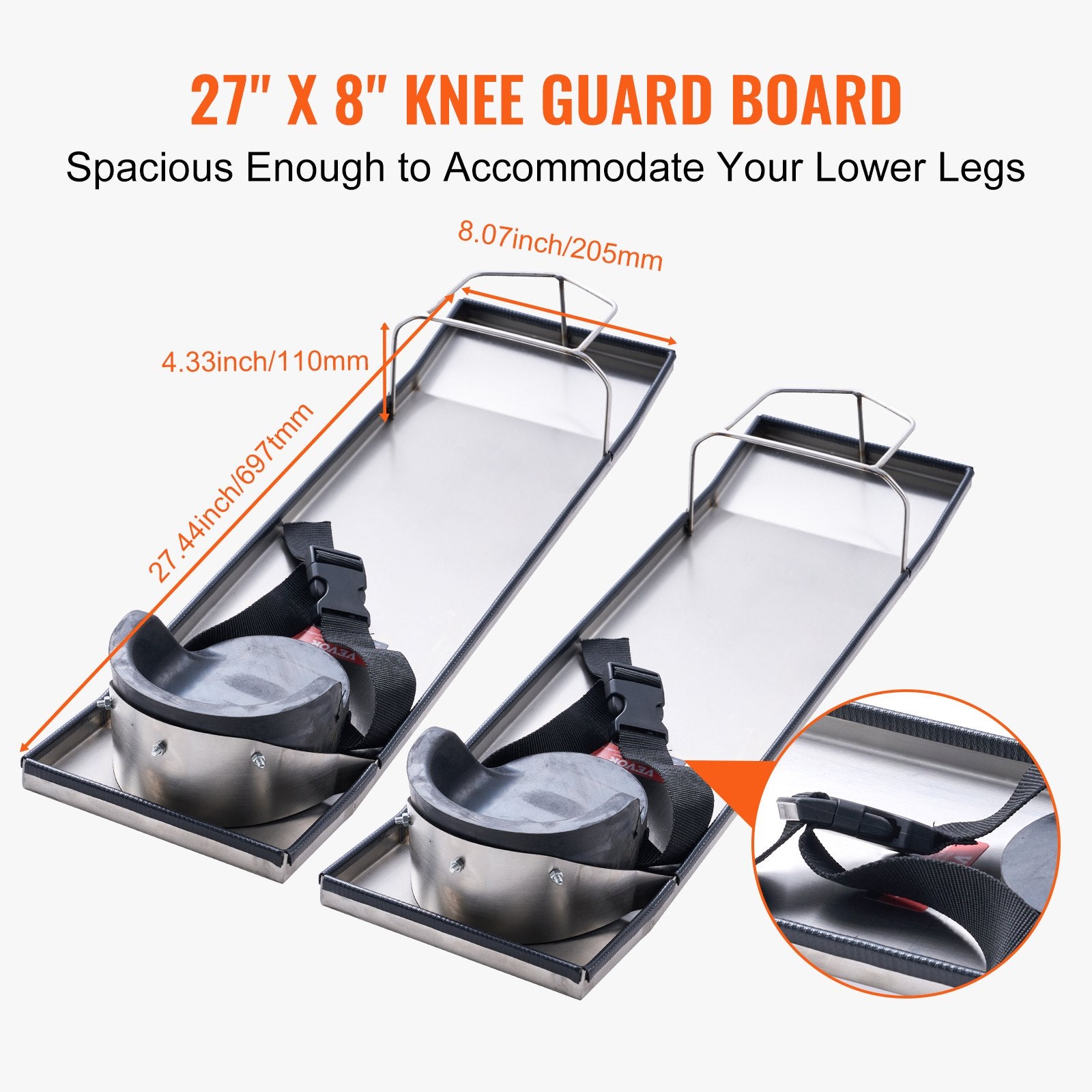 Stainless Steel Concrete Knee Boards with EVA Pads & Straps - 28"x8" Sliders for Cement Finishing, Durable & Lightweight Construction