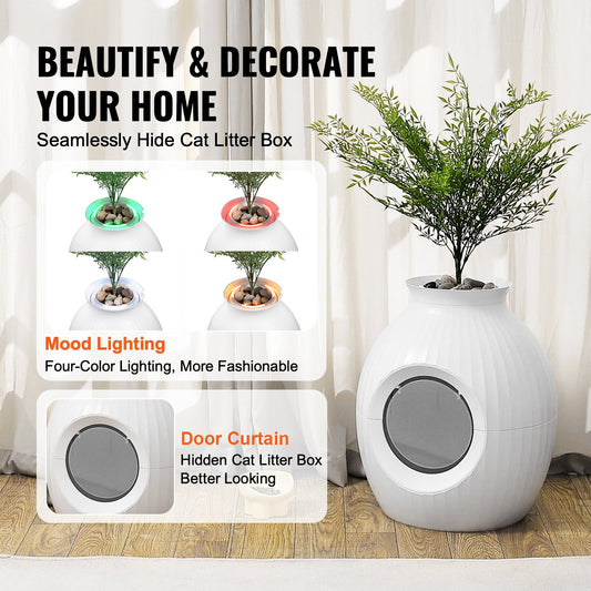 Sophisticated Plant-Inspired Cat Litter Box with Smart Odor Control, Large Hidden Entry, Lighting, and Durable Design for Home or Patio