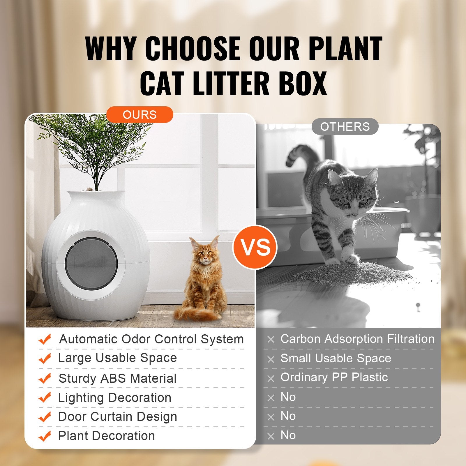 Sophisticated Plant-Inspired Cat Litter Box with Smart Odor Control, Large Hidden Entry, Lighting, and Durable Design for Home or Patio