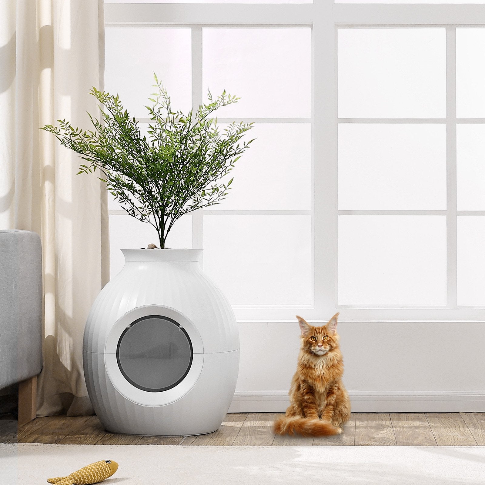 Sophisticated Plant-Inspired Cat Litter Box with Smart Odor Control, Large Hidden Entry, Lighting, and Durable Design for Home or Patio