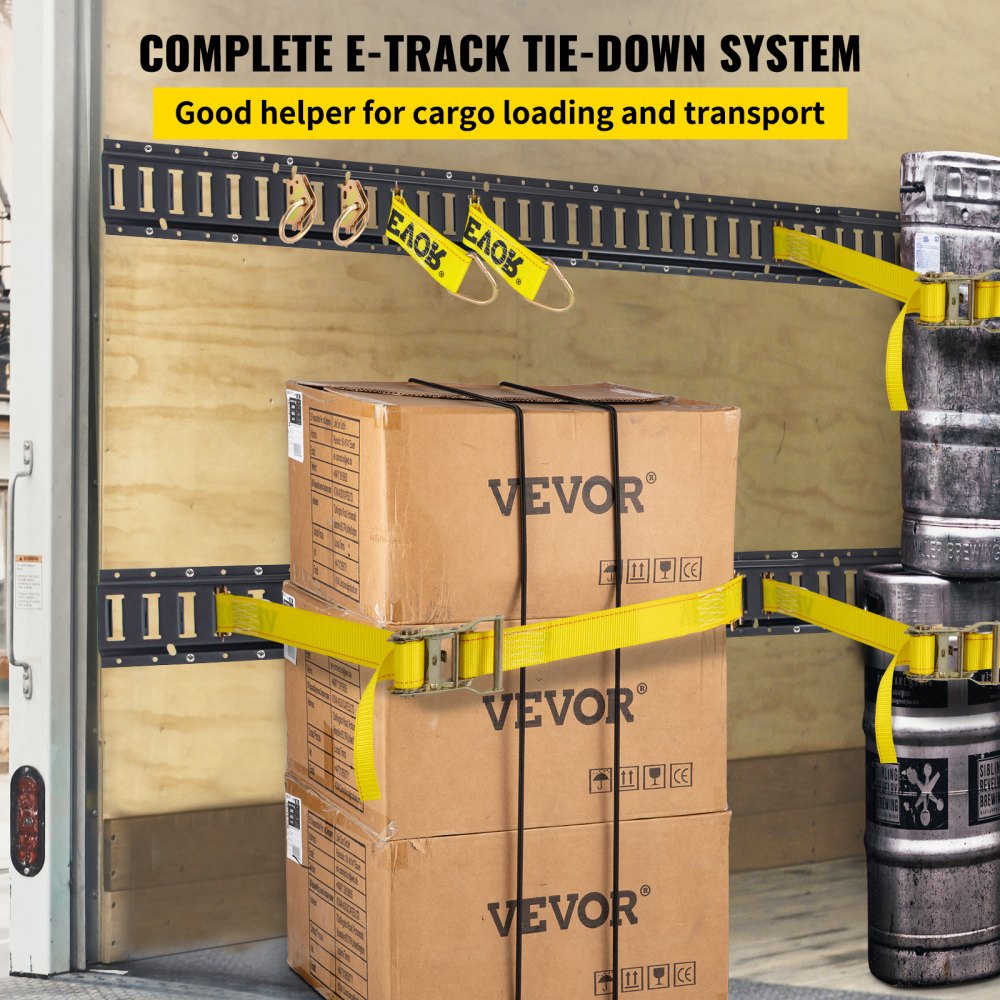 VEVOR E Track Tie-Down Rail Kit, 30PCS 5FT E-Tracks Set Includes 4 Steel Rails & 2 Single Slot & 8 O Rings & 8 Tie-Offs w/ D-Ring & 8 End Caps, Securing Accessories for Cargo, Motorcycles, and Bikes