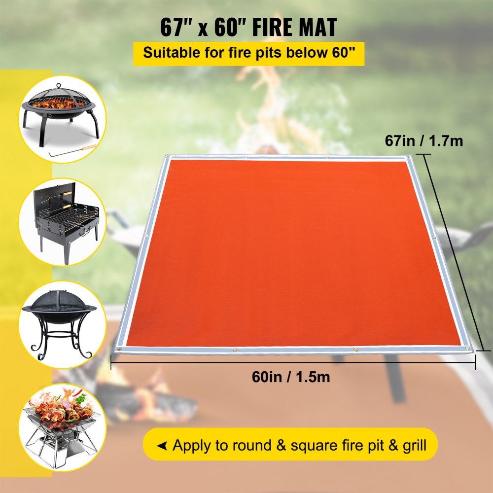VEVOR Fire Pit Mat, 67\" x 60\" Fire Blanket, Fiberglass Welding Blanket, 3.3 lbs Fireproof Blanket, 1022°F Fire Retardant Blanket, Rust Iron Red Emergency Fire Blanket w/ 10 Grommets & 6 Silver Hooks