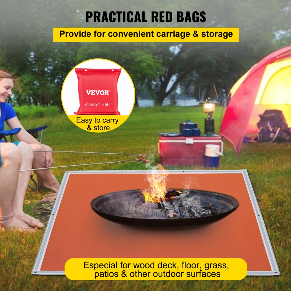 VEVOR Fire Pit Mat, 67\" x 60\" Fire Blanket, Fiberglass Welding Blanket, 3.3 lbs Fireproof Blanket, 1022°F Fire Retardant Blanket, Rust Iron Red Emergency Fire Blanket w/ 10 Grommets & 6 Silver Hooks