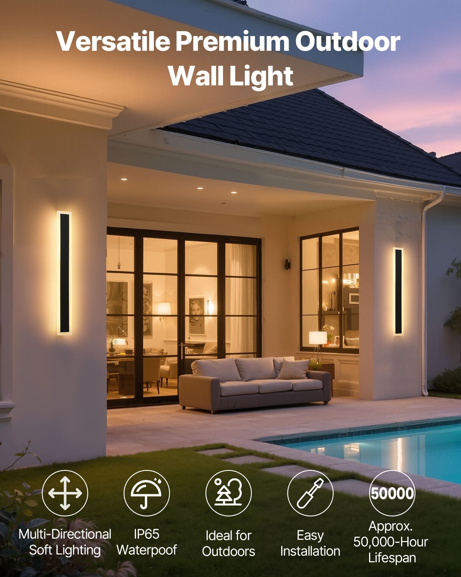 Modern 23.6" Outdoor Wall Sconce, IP65 Waterproof, Anti-Rust, Warm White Lighting for Patio, Porch, Garage, 50,000-Hour Lifespan