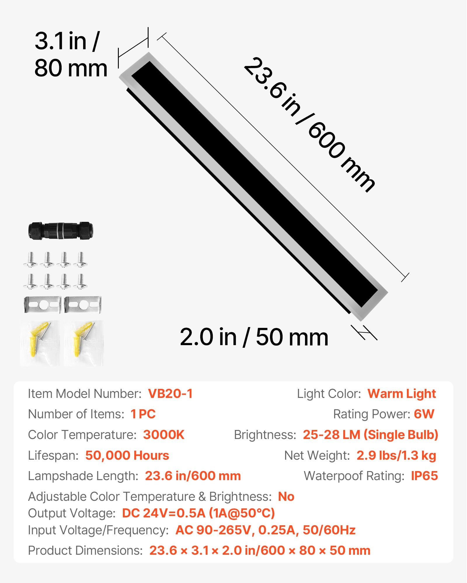 Modern 23.6" Outdoor Wall Sconce, IP65 Waterproof, Anti-Rust, Warm White Lighting for Patio, Porch, Garage, 50,000-Hour Lifespan