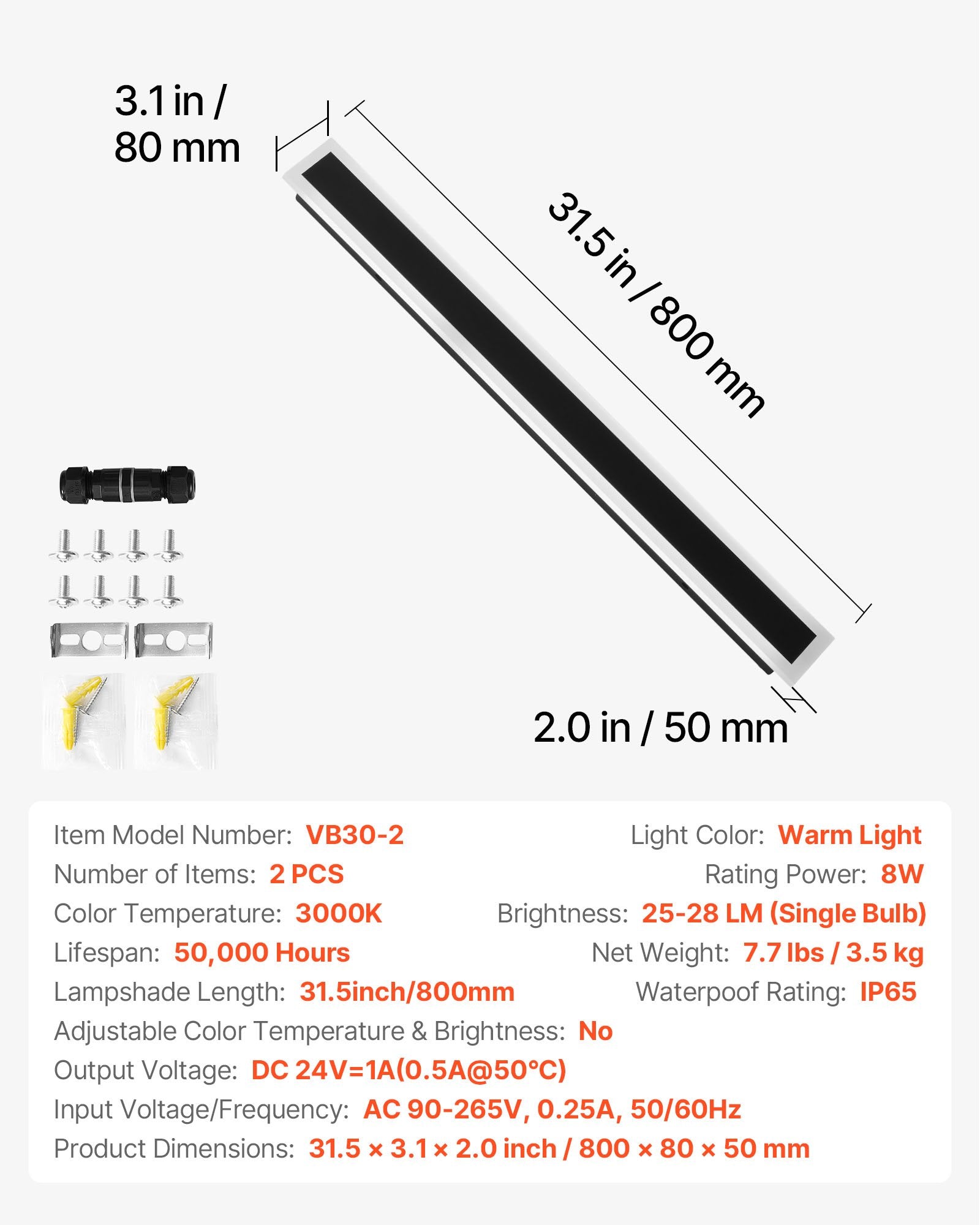 Modern 31.5-Inch Outdoor Wall Sconce Lights, 2 Pack, Warm White 3000K, IP65 Waterproof, Anti-Rust, Ideal for Porch, Garage, House Exterior
